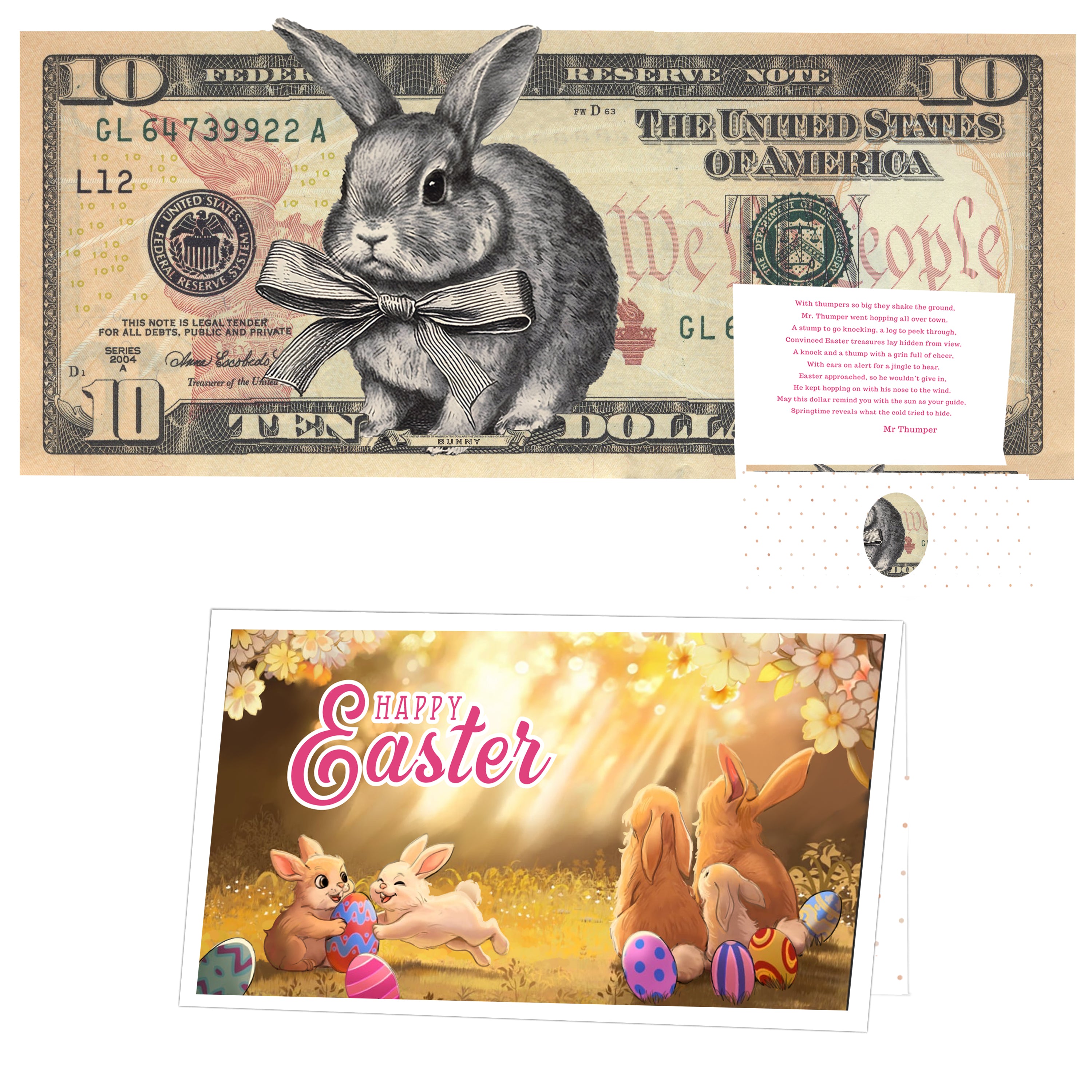 The Official Easter Bunny Dollar Bill with Easter Greeting Card Currency Holder. Real 10.0 USD. Bankable & Spendable. Easter Basket Stuffer/Filler. Bunny Bucks - Bunny Money