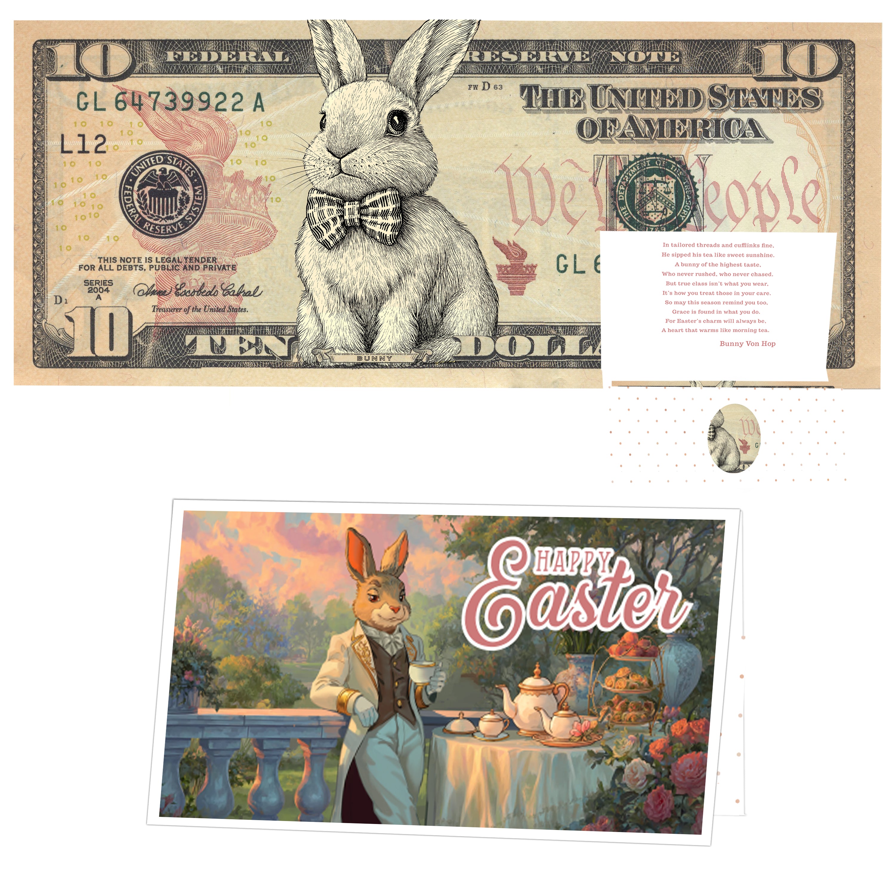 The Official Easter Bunny Dollar Bill with Easter Greeting Card Currency Holder. Real 10.0 USD. Bankable & Spendable. Easter Basket Stuffer/Filler. Bunny Bucks - Bunny Money