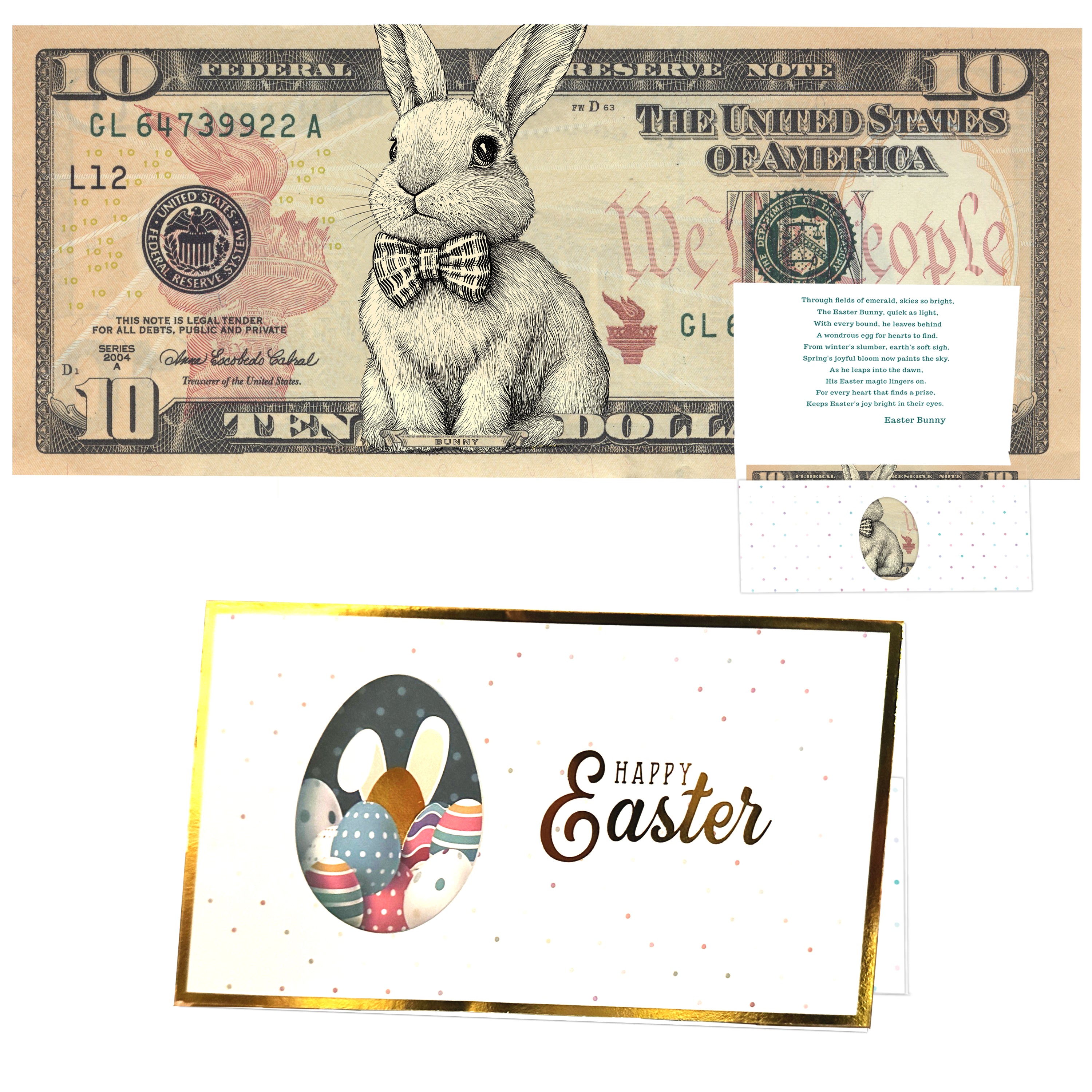 The Official Easter Bunny Dollar Bill with Easter Greeting Card Currency Holder. Real 10.0 USD. Bankable & Spendable. Easter Basket Stuffer/Filler. Bunny Bucks - Bunny Money