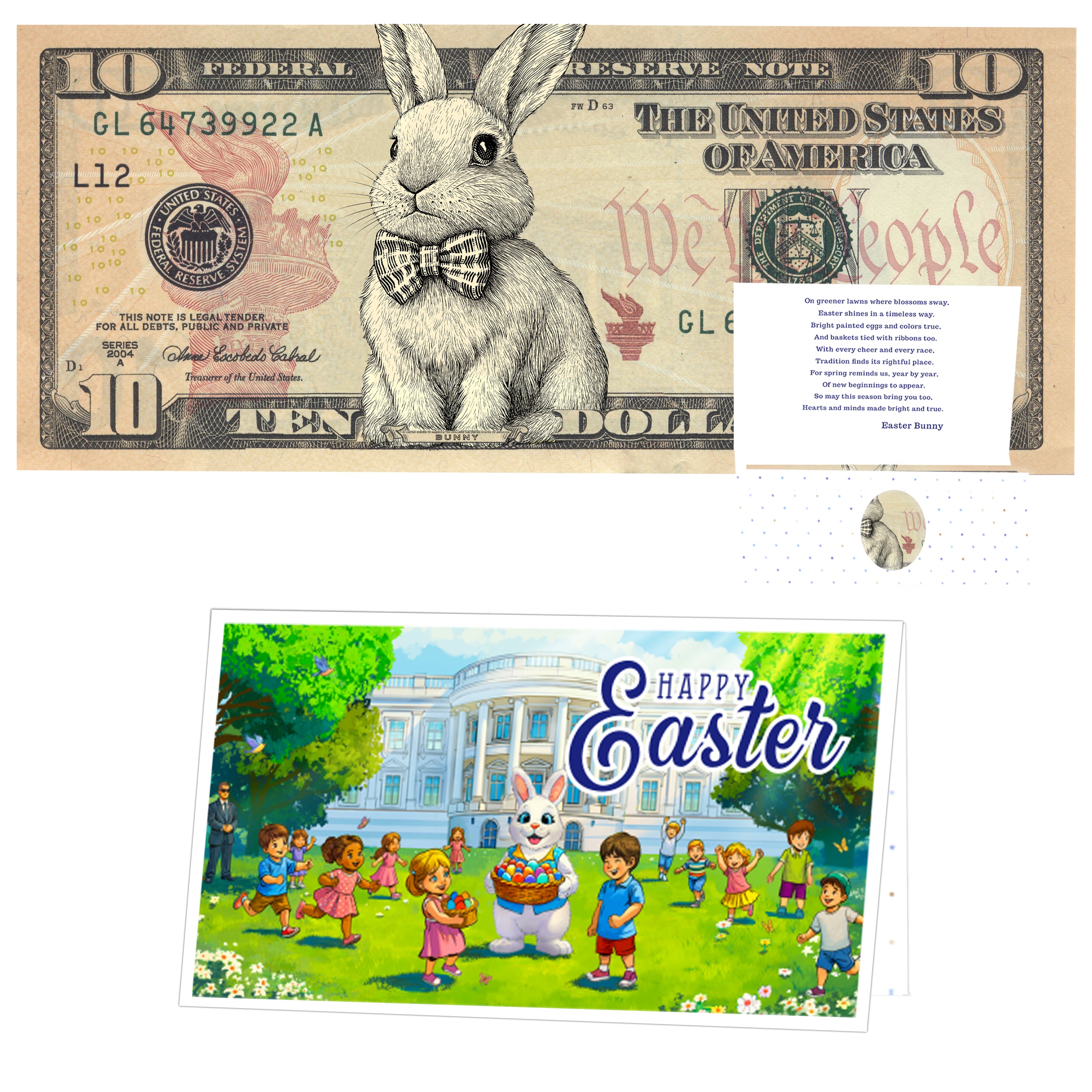 The Official Easter Bunny Dollar Bill with Easter Greeting Card Currency Holder. Real 10.0 USD. Bankable & Spendable. Easter Basket Stuffer/Filler. Bunny Bucks - Bunny Money