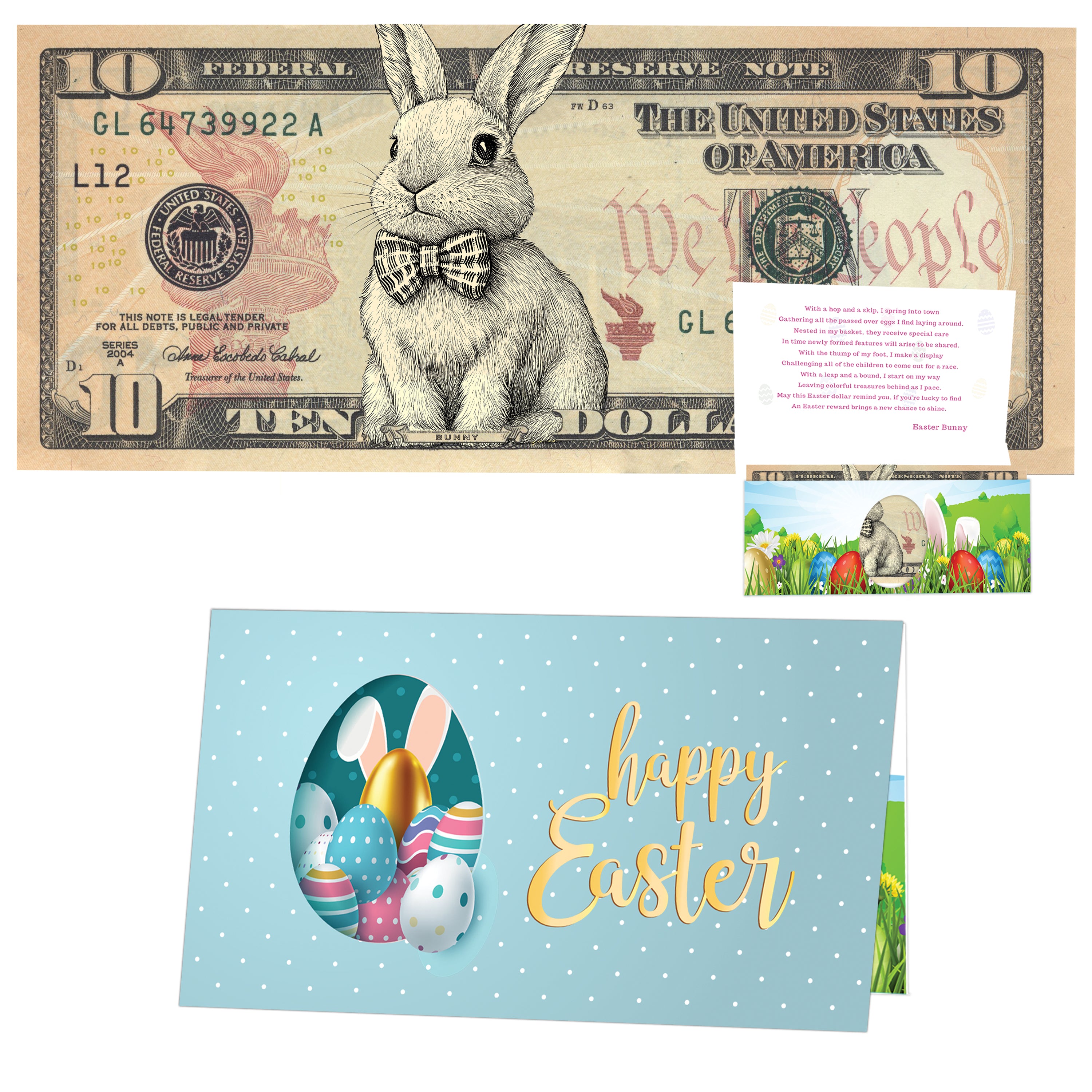 The Official Easter Bunny Dollar Bill with Easter Greeting Card Currency Holder. Real 10.0 USD. Bankable & Spendable. Easter Basket Stuffer/Filler. Bunny Bucks - Bunny Money