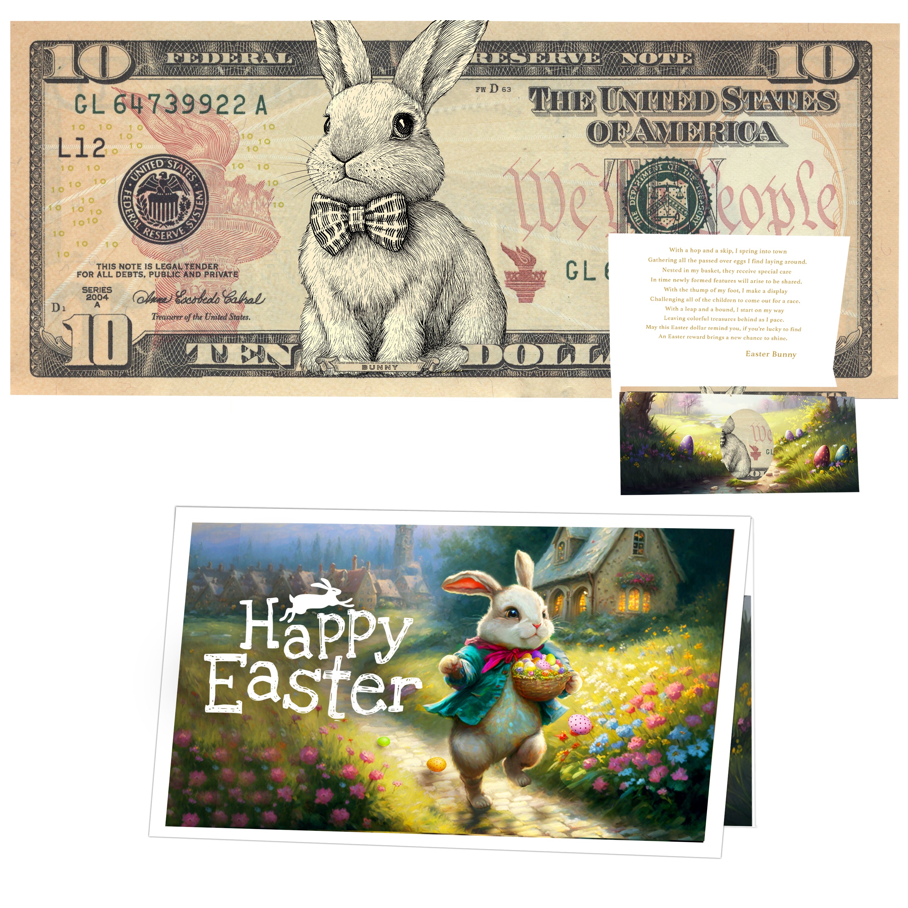 The Official Easter Bunny Dollar Bill with Easter Greeting Card Currency Holder. Real 10.0 USD. Bankable & Spendable. Easter Basket Stuffer/Filler. Bunny Bucks - Bunny Money