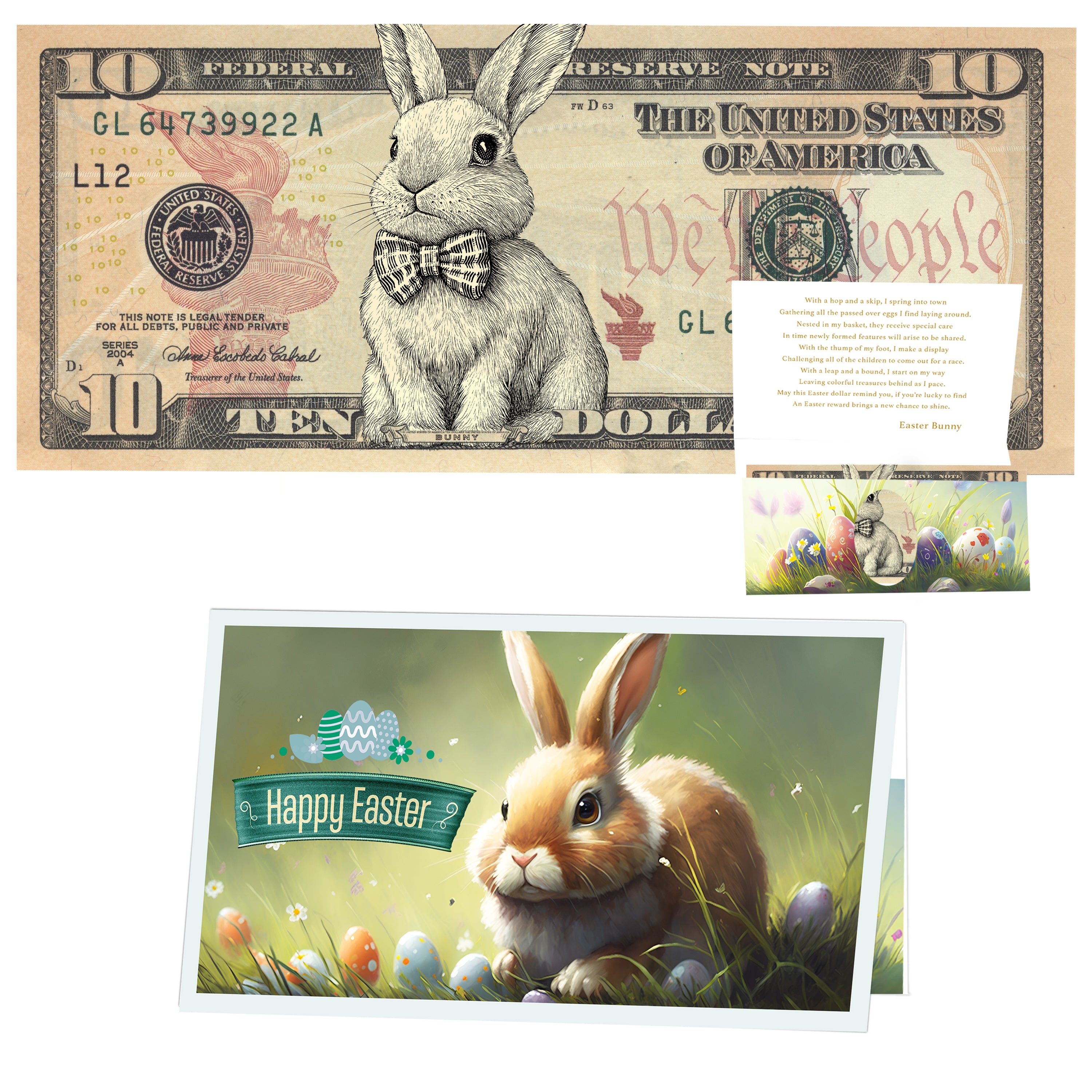 The Official Easter Bunny Dollar Bill with Easter Greeting Card Currency Holder. Real 10.0 USD. Bankable & Spendable. Easter Basket Stuffer/Filler. Bunny Bucks - Bunny Money