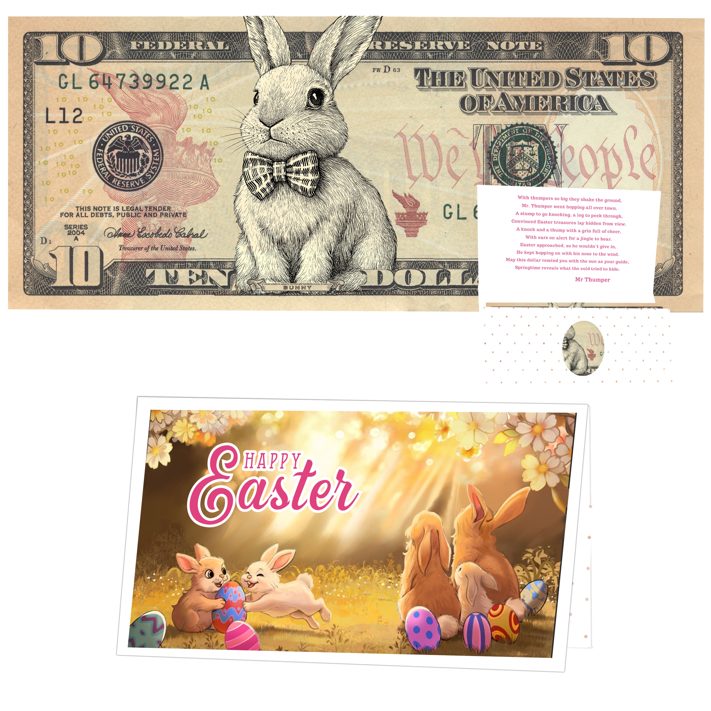 The Official Easter Bunny Dollar Bill with Easter Greeting Card Currency Holder. Real 10.0 USD. Bankable & Spendable. Easter Basket Stuffer/Filler. Bunny Bucks - Bunny Money
