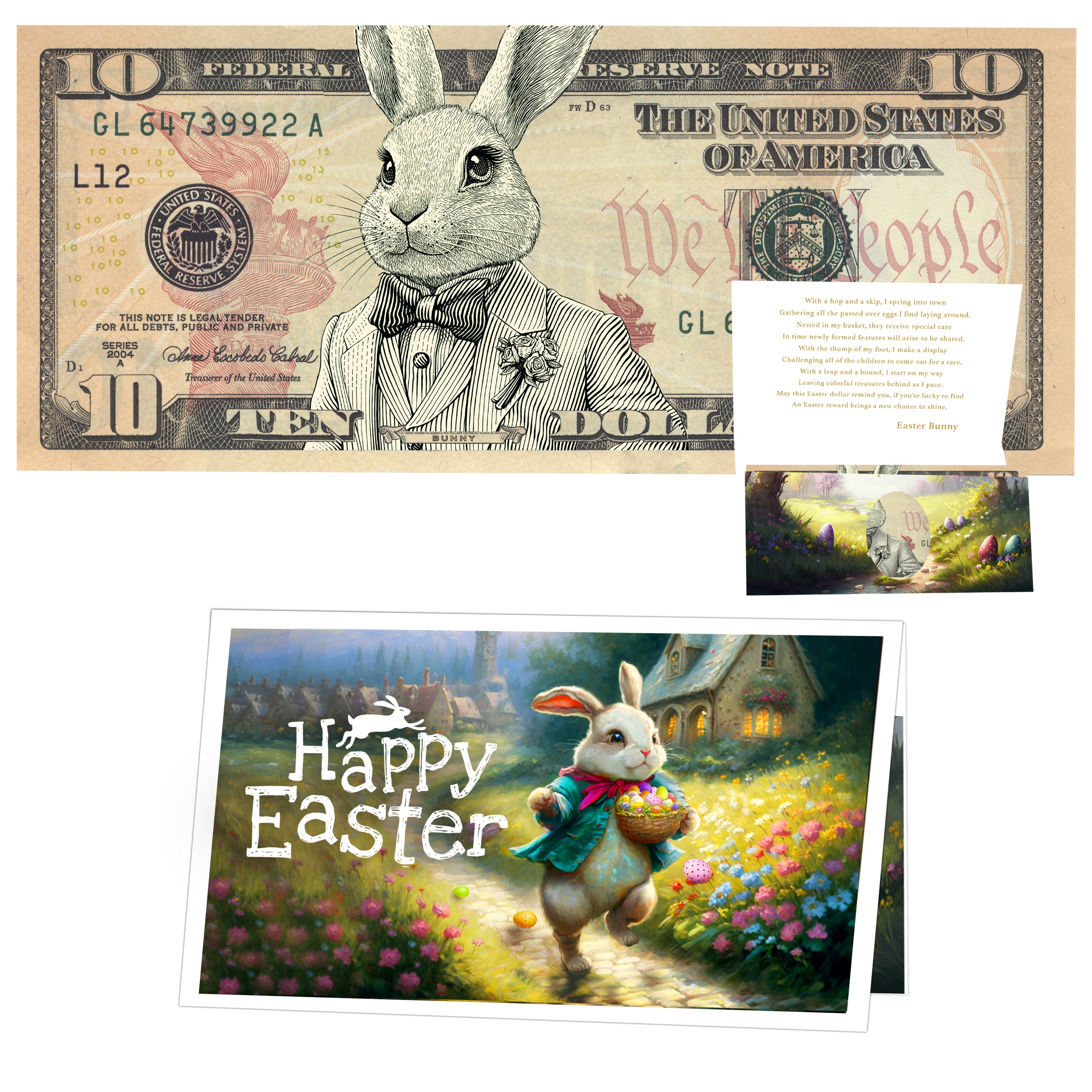 The Official Easter Bunny Dollar Bill with Easter Greeting Card Currency Holder. Real 10.0 USD. Bankable & Spendable. Easter Basket Stuffer/Filler. Bunny Bucks - Bunny Money