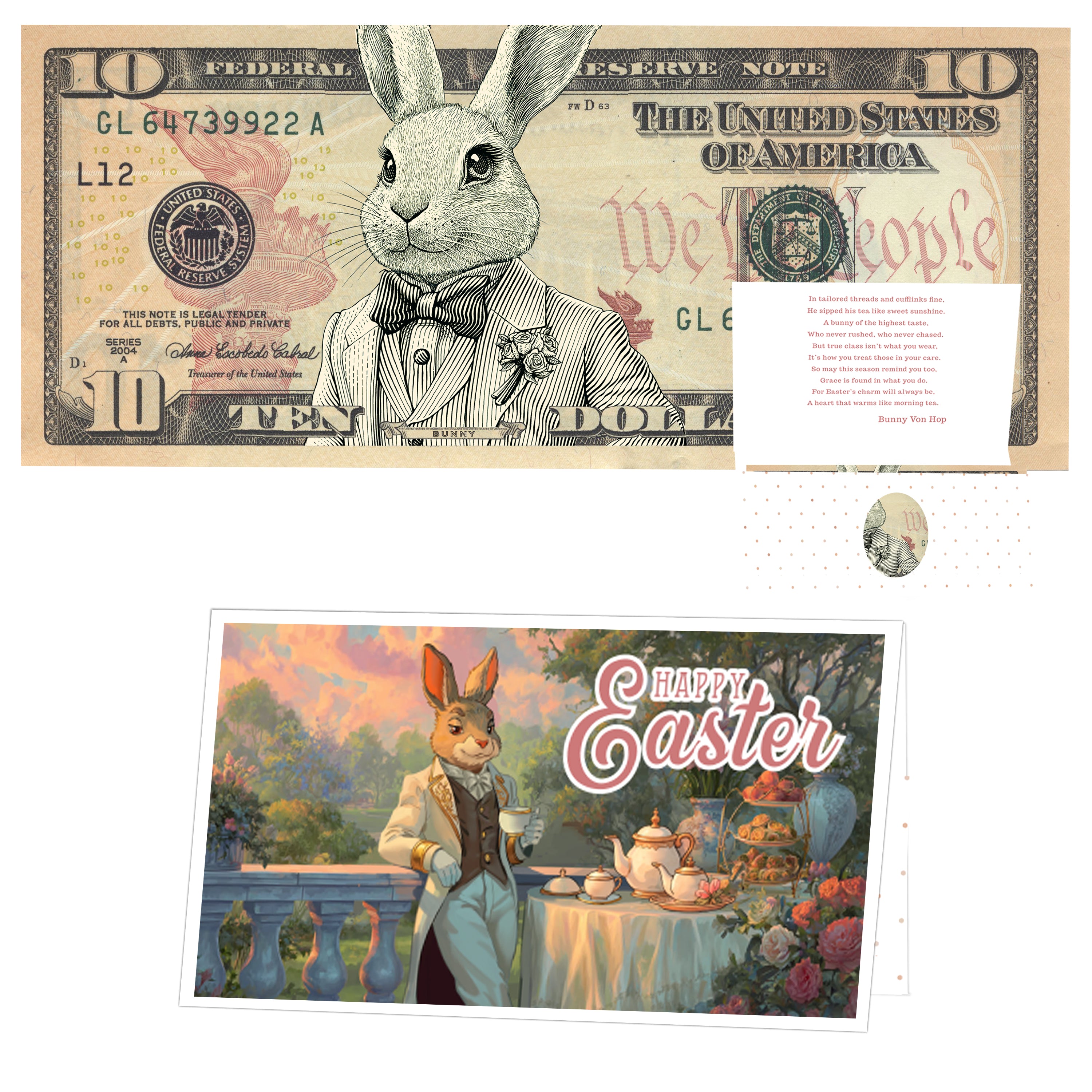 The Official Easter Bunny Dollar Bill with Easter Greeting Card Currency Holder. Real 10.0 USD. Bankable & Spendable. Easter Basket Stuffer/Filler. Bunny Bucks - Bunny Money