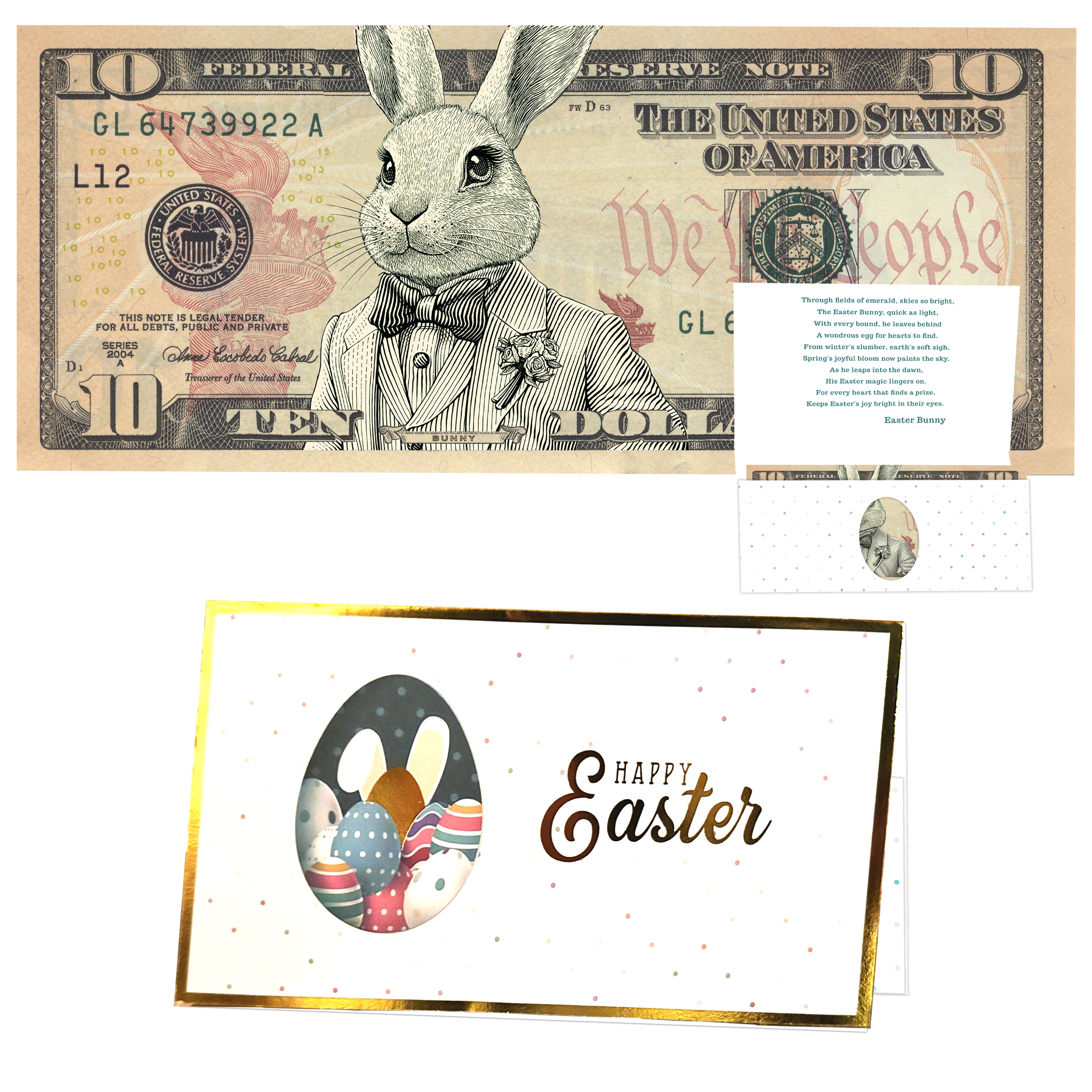The Official Easter Bunny Dollar Bill with Easter Greeting Card Currency Holder. Real 10.0 USD. Bankable & Spendable. Easter Basket Stuffer/Filler. Bunny Bucks - Bunny Money