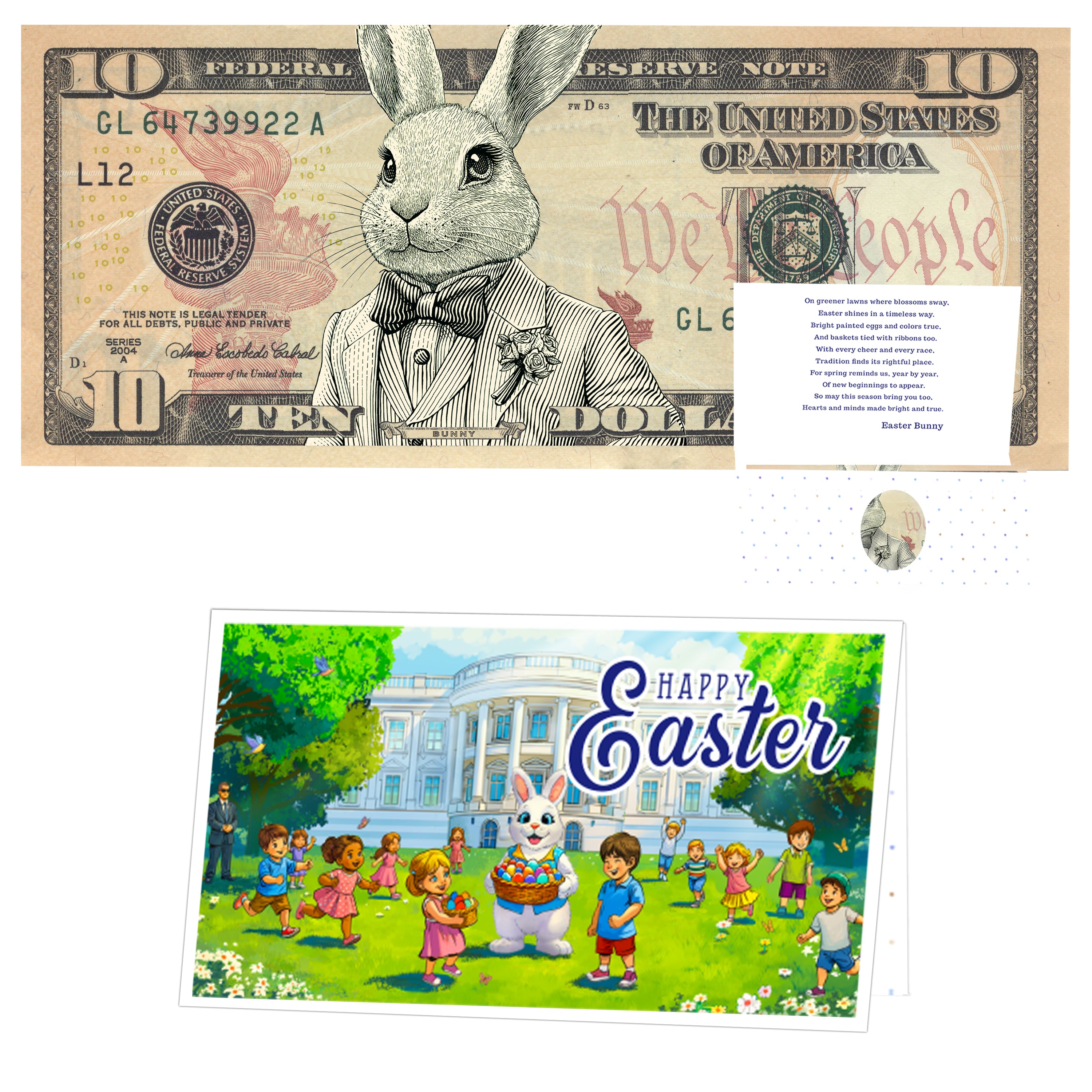 The Official Easter Bunny Dollar Bill with Easter Greeting Card Currency Holder. Real 10.0 USD. Bankable & Spendable. Easter Basket Stuffer/Filler. Bunny Bucks - Bunny Money
