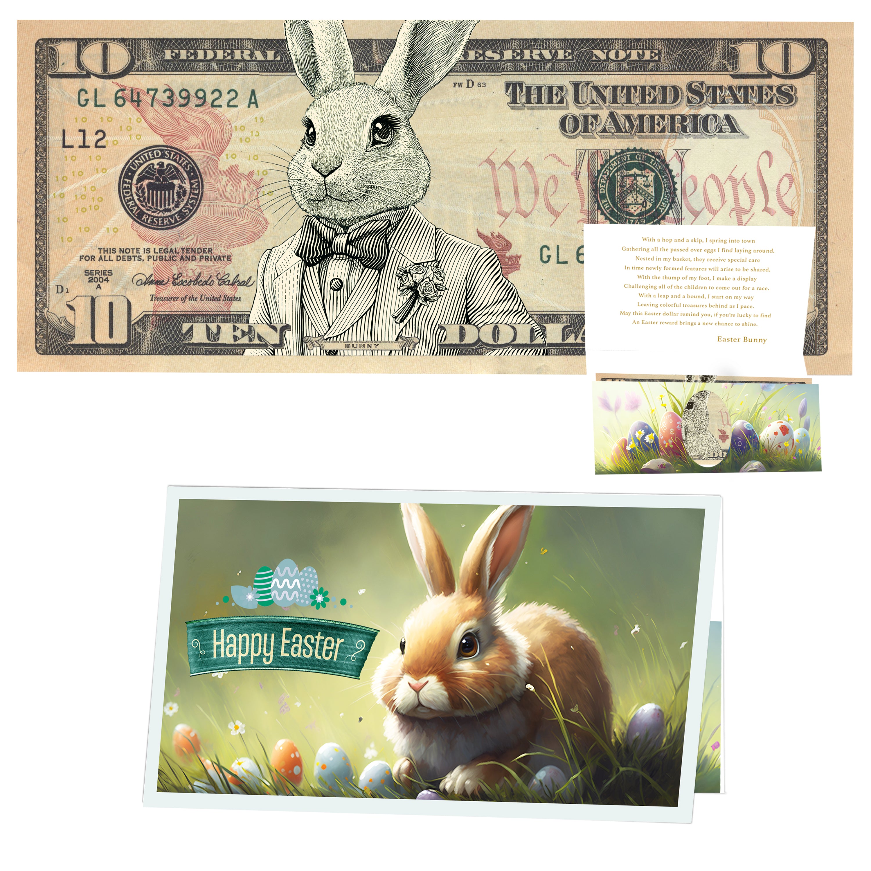 The Official Easter Bunny Dollar Bill with Easter Greeting Card Currency Holder. Real 10.0 USD. Bankable & Spendable. Easter Basket Stuffer/Filler. Bunny Bucks - Bunny Money