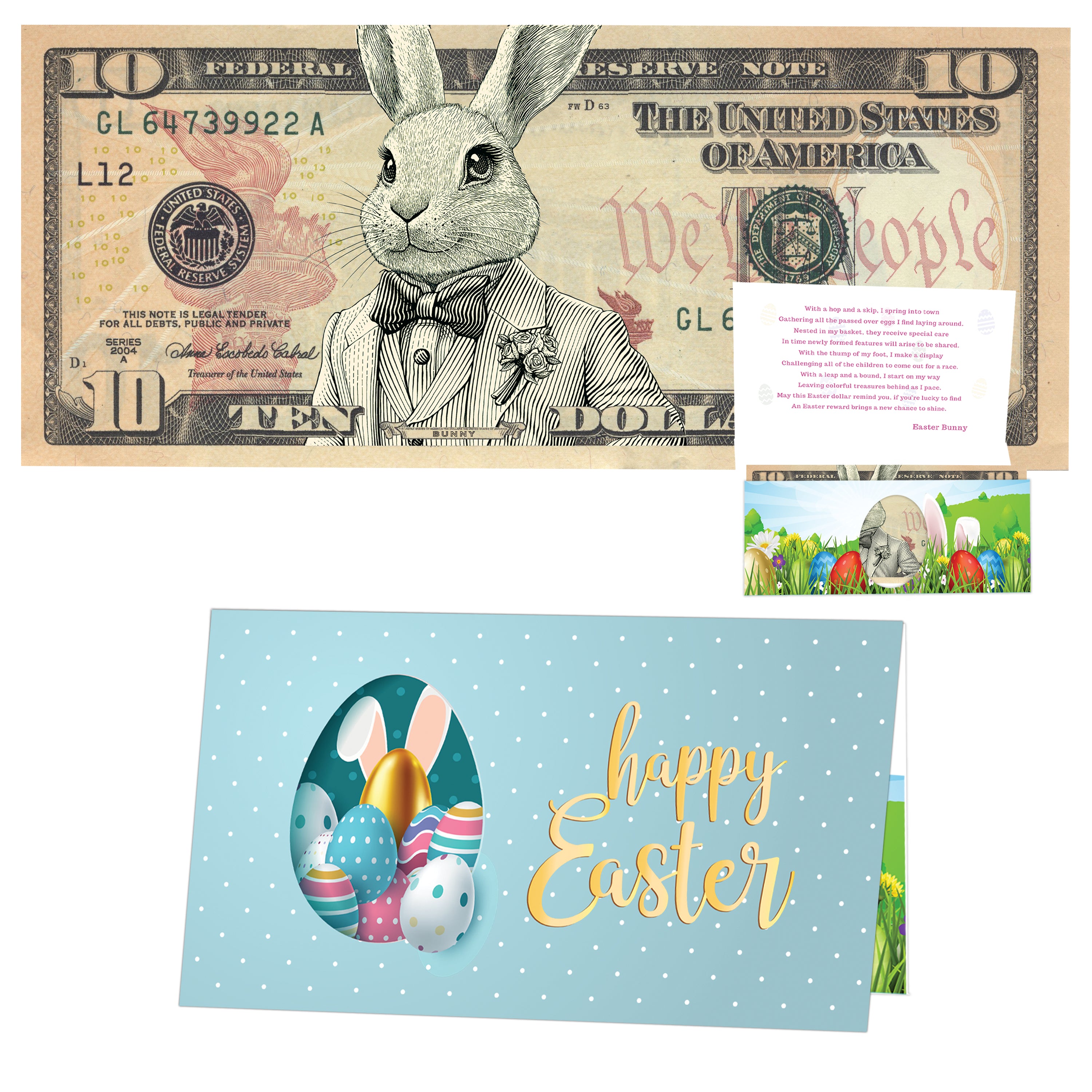 The Official Easter Bunny Dollar Bill with Easter Greeting Card Currency Holder. Real 10.0 USD. Bankable & Spendable. Easter Basket Stuffer/Filler. Bunny Bucks - Bunny Money