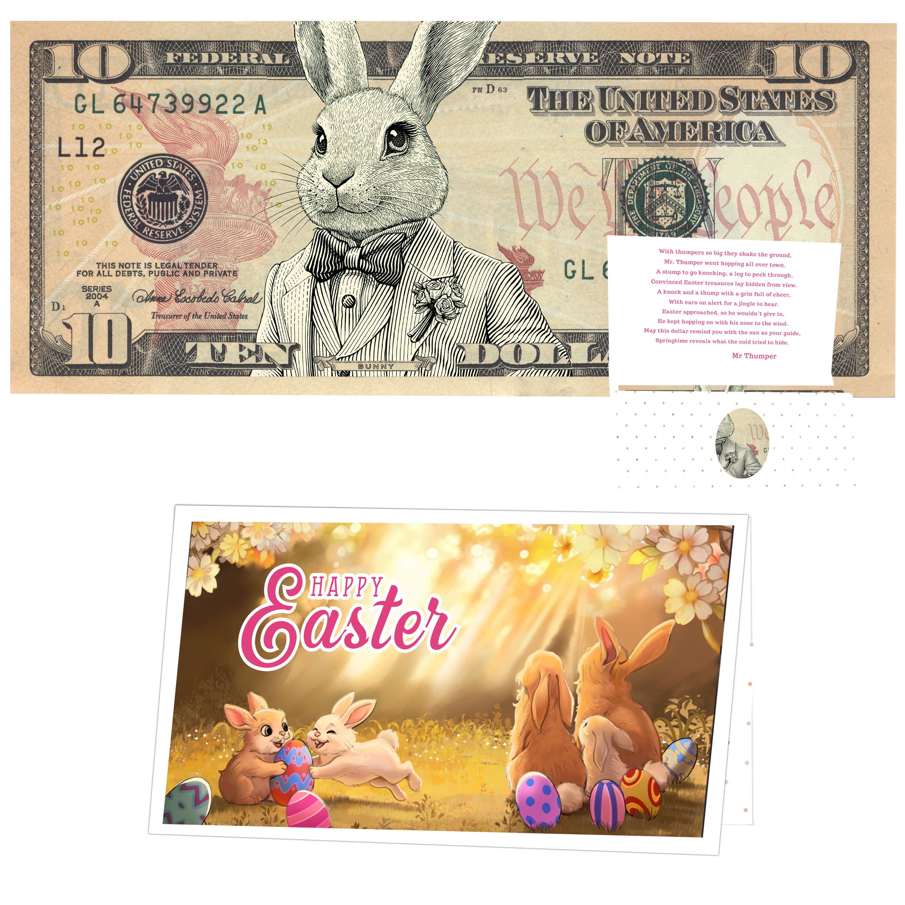 The Official Easter Bunny Dollar Bill with Easter Greeting Card Currency Holder. Real 10.0 USD. Bankable & Spendable. Easter Basket Stuffer/Filler. Bunny Bucks - Bunny Money