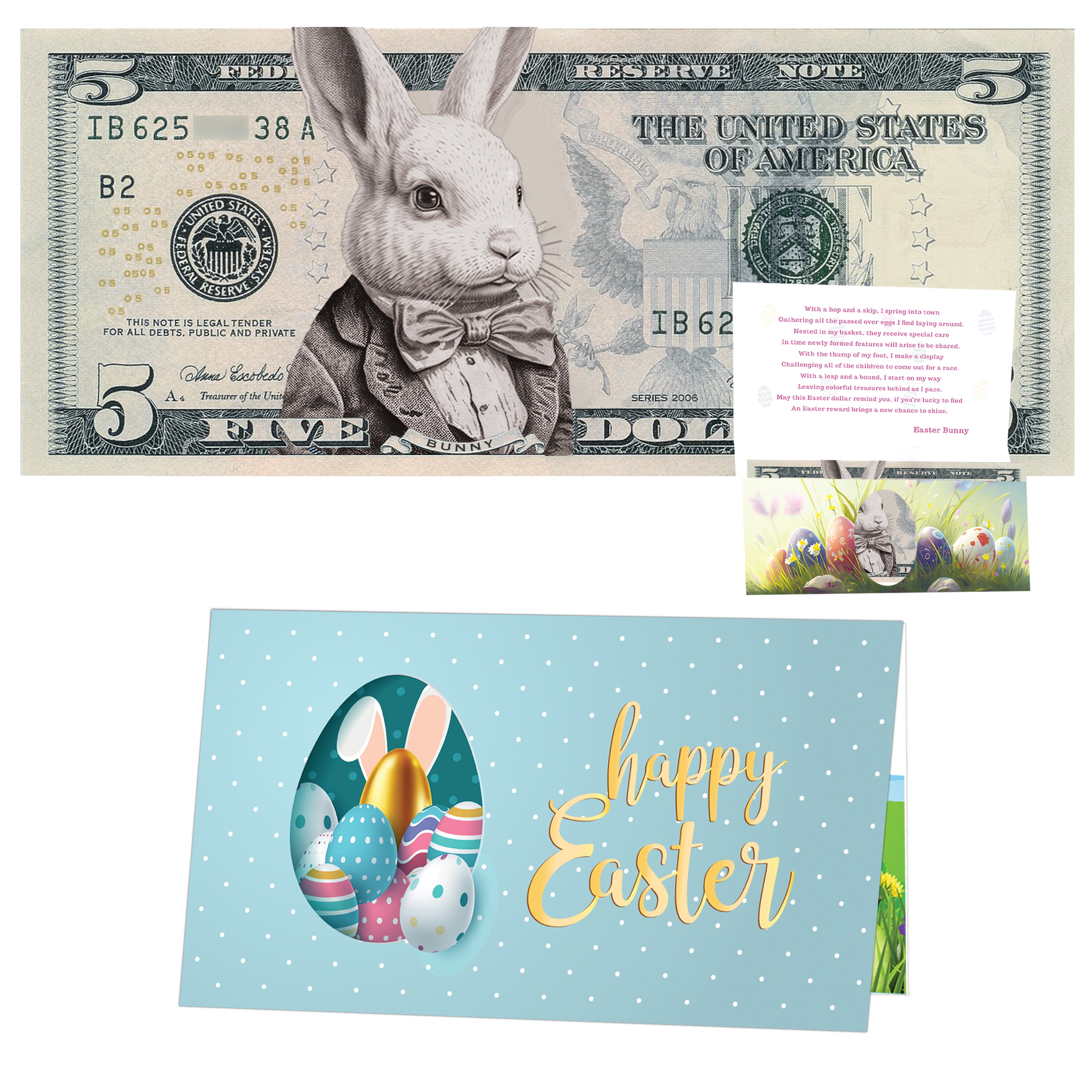 The Official Easter Bunny Dollar Bill with Easter Greeting Card Currency Holder. Real 5.0 USD. Bankable & Spendable. Easter Basket Stuffer/Filler. Bunny Bucks - Bunny Money