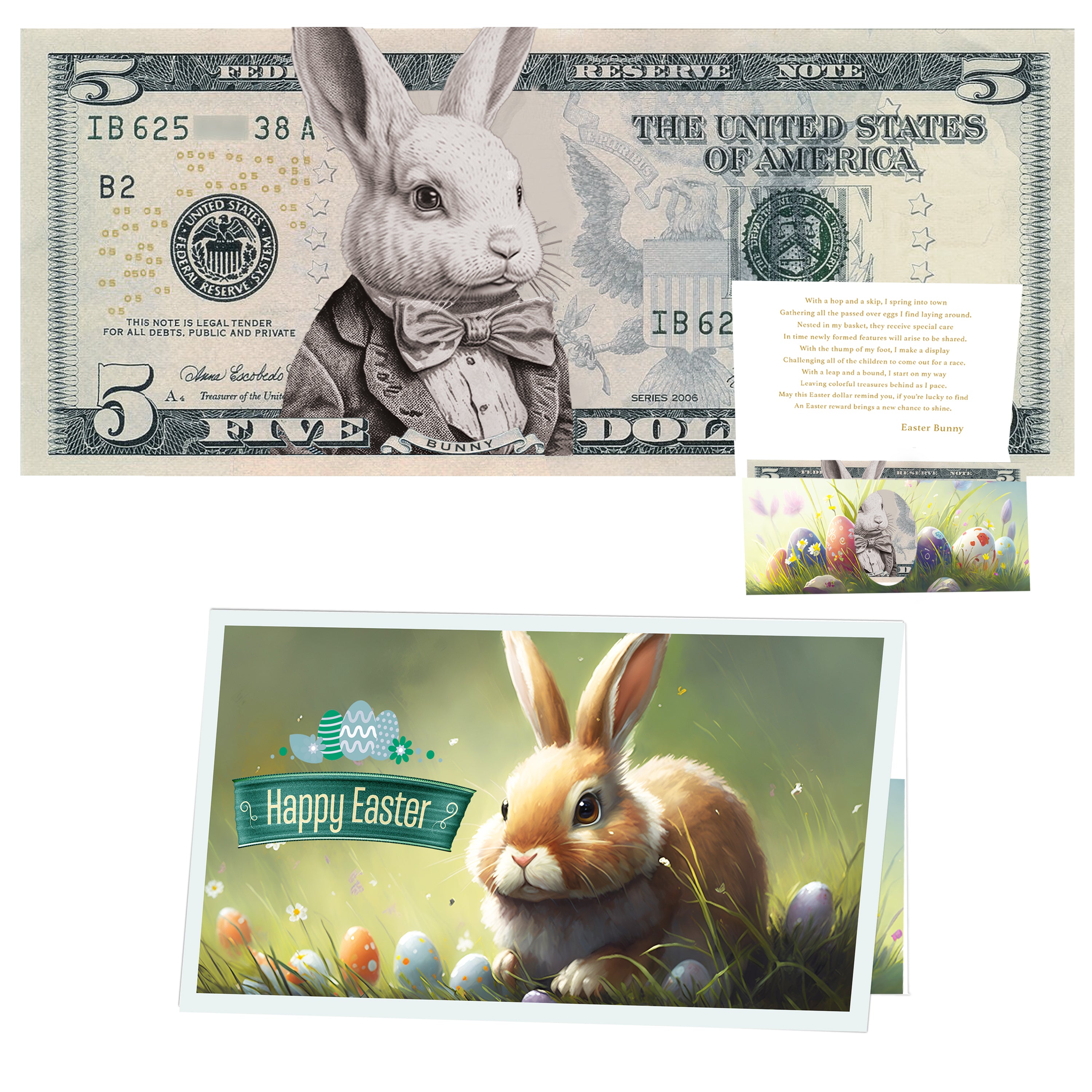 The Official Easter Bunny Dollar Bill with Easter Greeting Card Currency Holder. Real 5.0 USD. Bankable & Spendable. Easter Basket Stuffer/Filler. Bunny Bucks - Bunny Money
