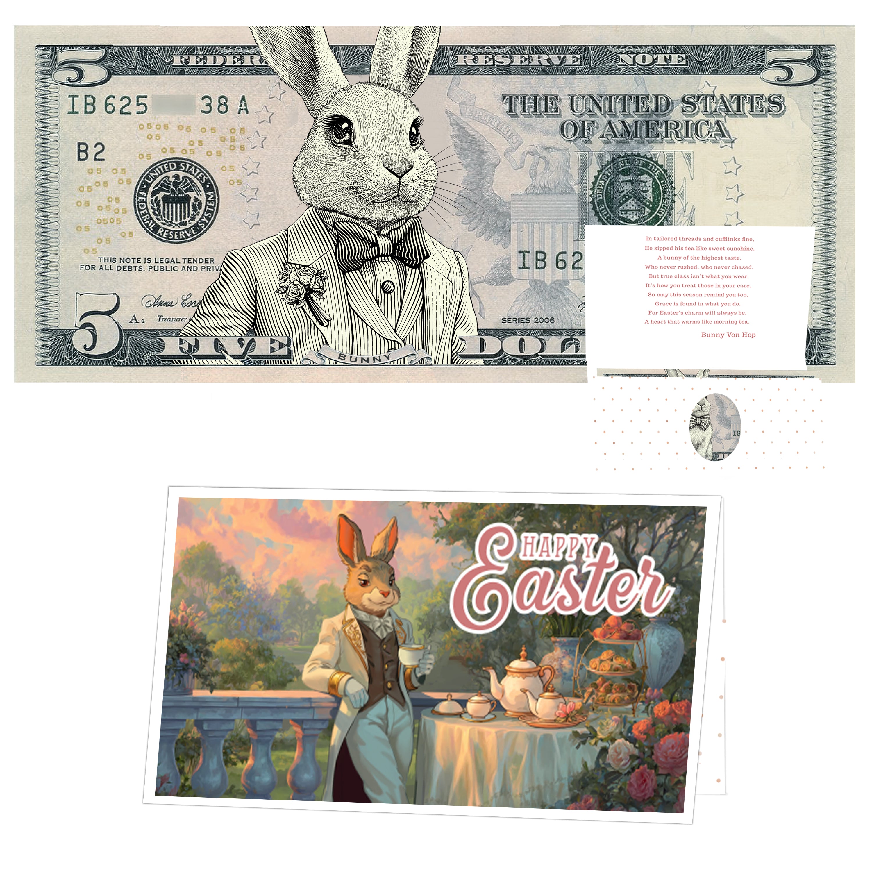 The Official Easter Bunny Dollar Bill with Easter Greeting Card Currency Holder. Real 5.0 USD. Bankable & Spendable. Easter Basket Stuffer/Filler. Bunny Bucks - Bunny Money