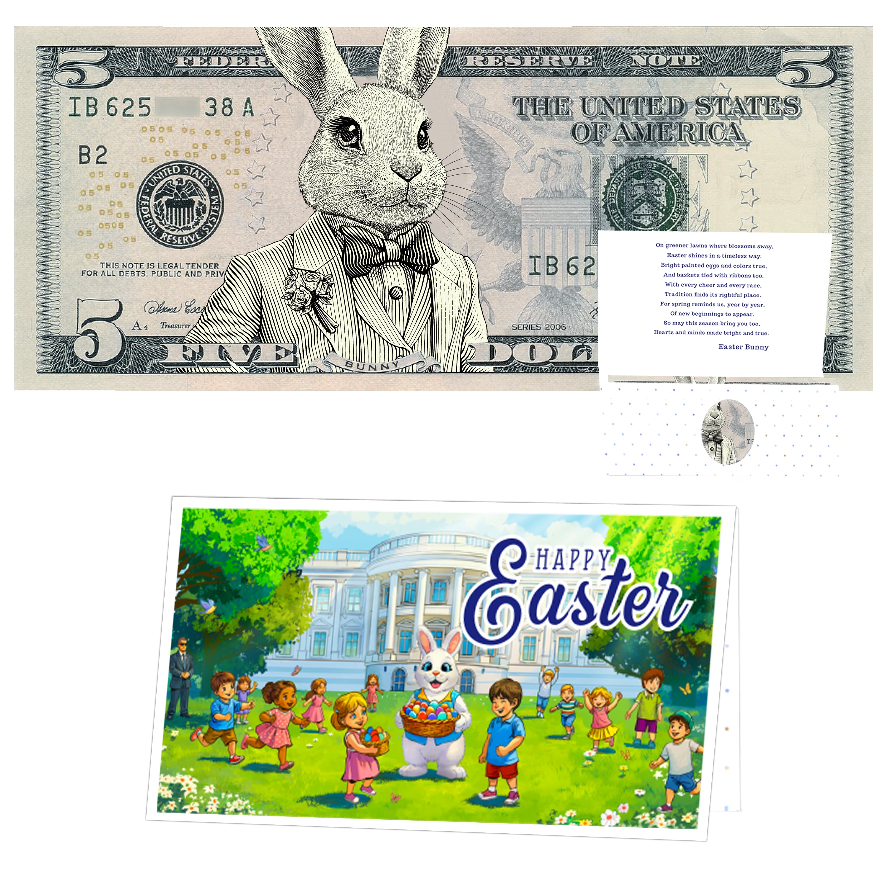 The Official Easter Bunny Dollar Bill with Easter Greeting Card Currency Holder. Real 5.0 USD. Bankable & Spendable. Easter Basket Stuffer/Filler. Bunny Bucks - Bunny Money