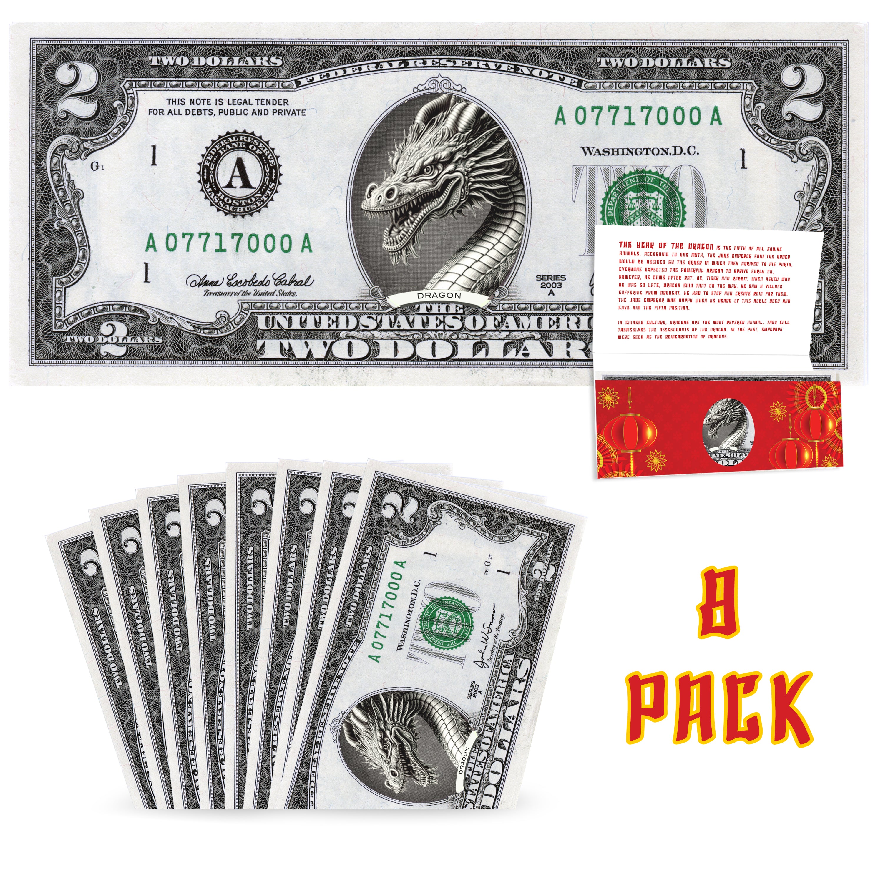 Official Chinese New Year Lucky Dollar: Real 2.0 USD Value Pack. Bankable & Spendable. Year Of The Dragon Lucky Red Packet And Envelope