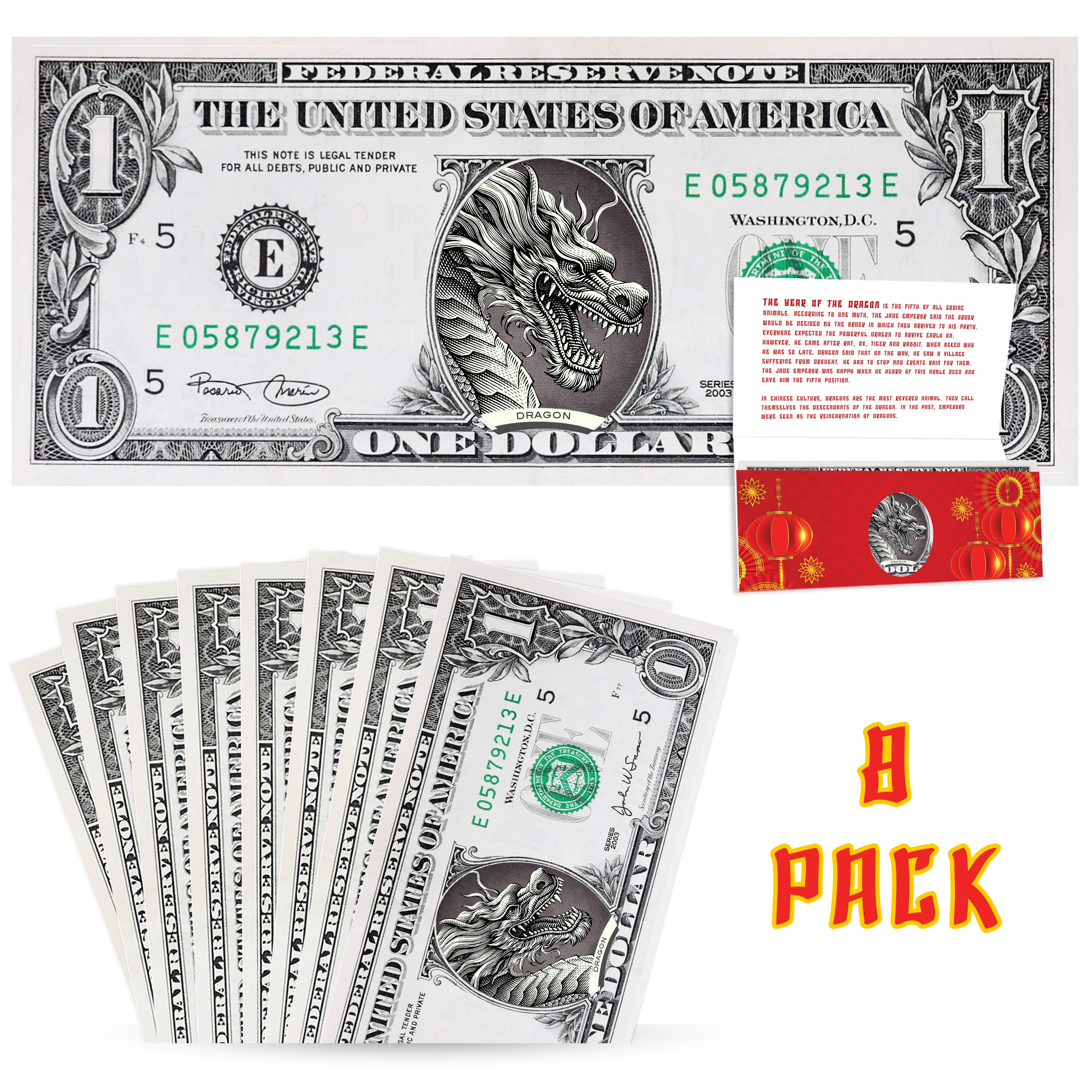 Official Chinese New Year Lucky Dollar: Real 1.0 USD Value Pack. Bankable & Spendable. Year Of The Dragon Lucky Red Packet And Envelope