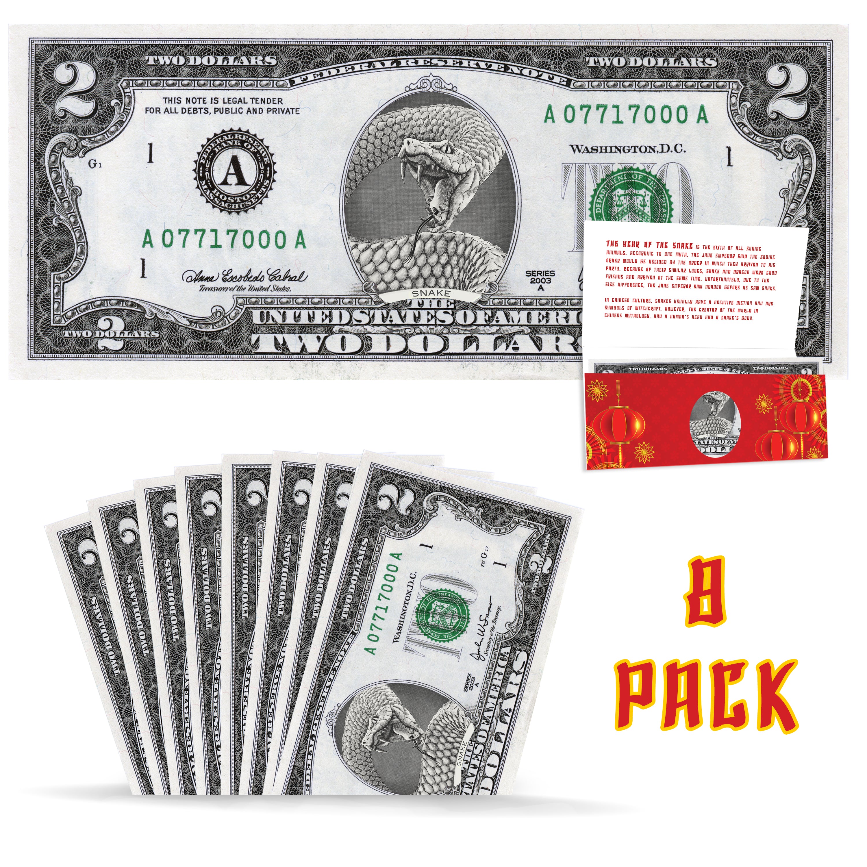 Official Chinese New Year Lucky Dollar 8-Pack: Real 2.0 USD. Bankable & Spendable. Year of the Snake Lucky Red Packet and Envelope