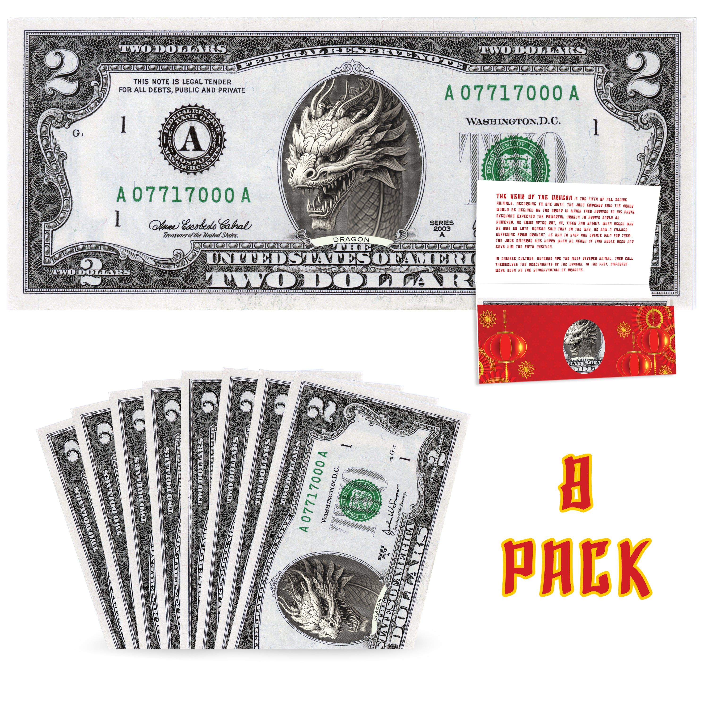 Official Chinese New Year Lucky Dollar: Real 2.0 USD Value Pack. Bankable & Spendable. Year Of The Dragon Lucky Red Packet And Envelope