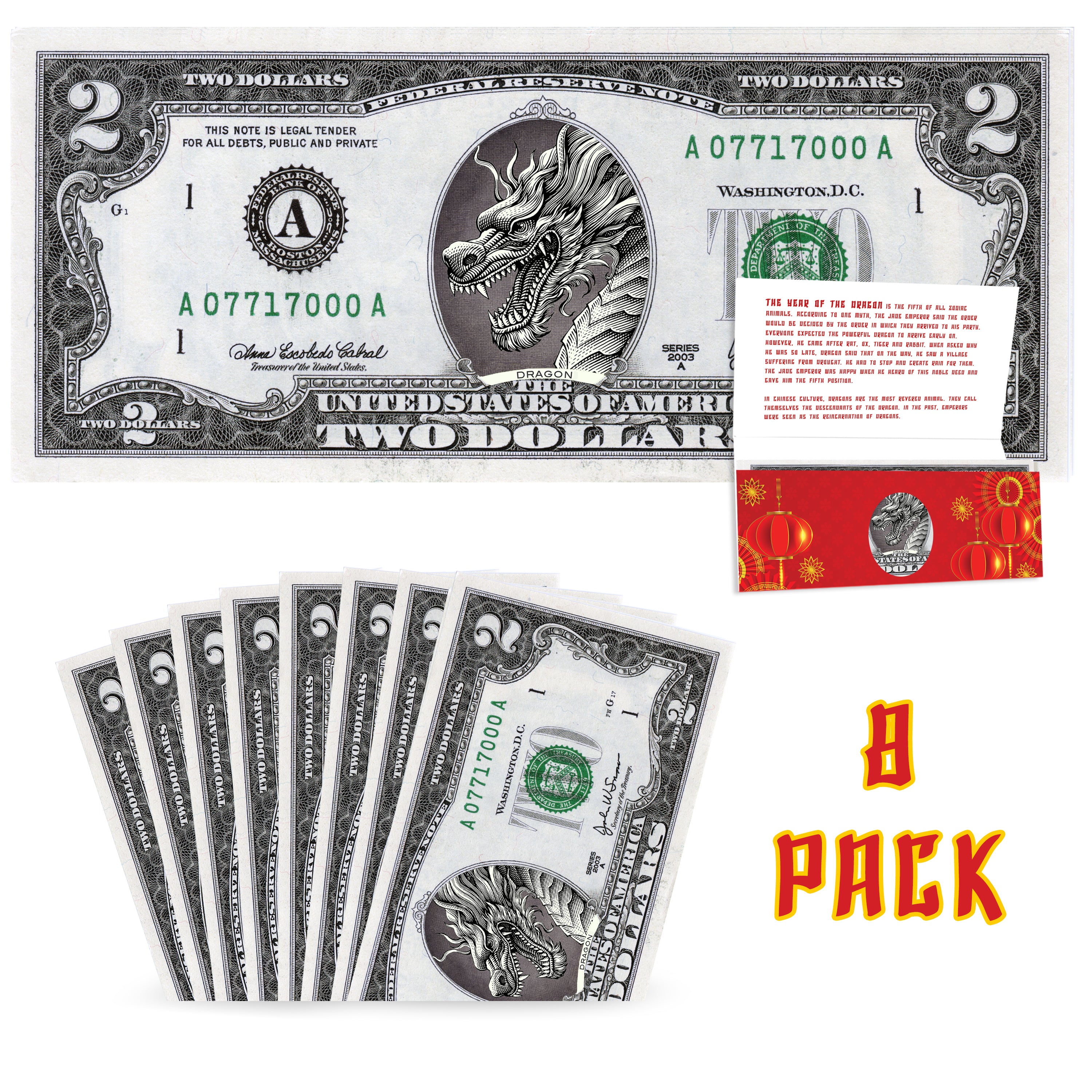 Official Chinese New Year Lucky Dollar: Real 2.0 USD Value Pack. Bankable & Spendable. Year Of The Dragon Lucky Red Packet And Envelope