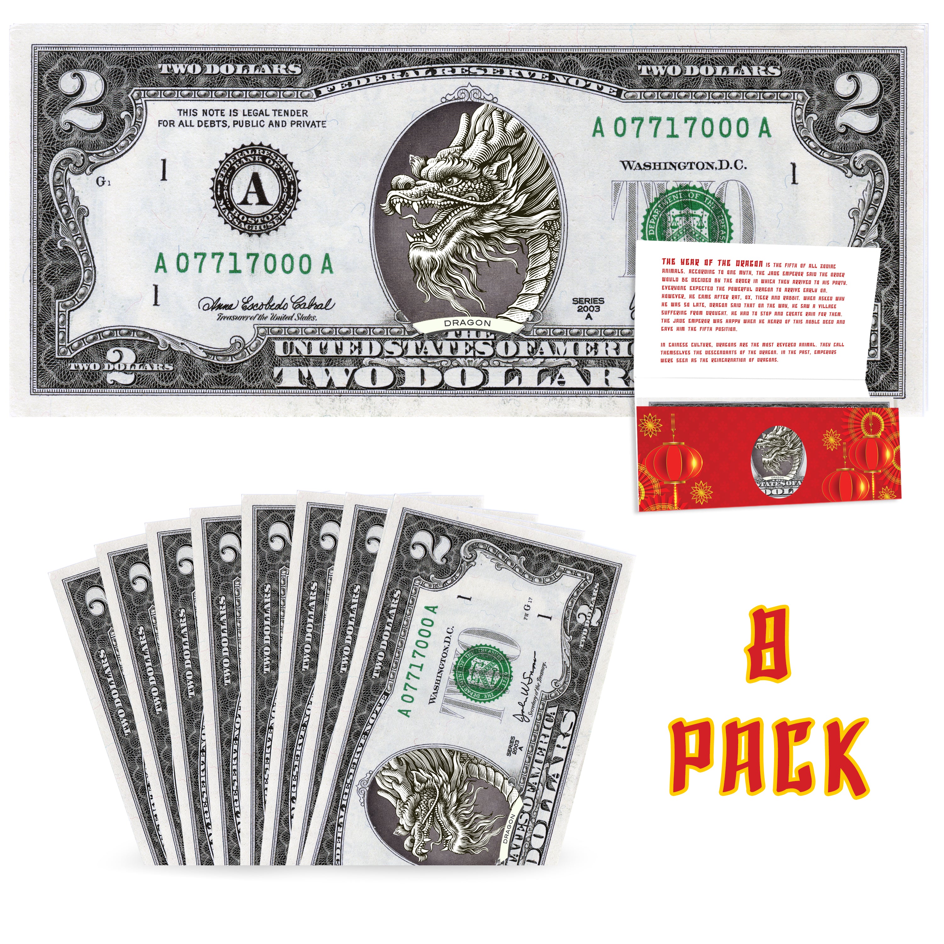 Official Chinese New Year Lucky Dollar: Real 2.0 USD Value Pack. Bankable & Spendable. Year Of The Dragon Lucky Red Packet And Envelope