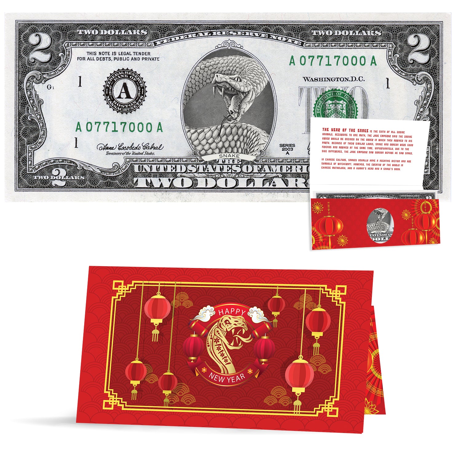 Official Chinese New Year Lucky Dollar: Real 2.0 USD. Bankable & Spendable. Year of the Snake Lucky Red Packet and Envelope