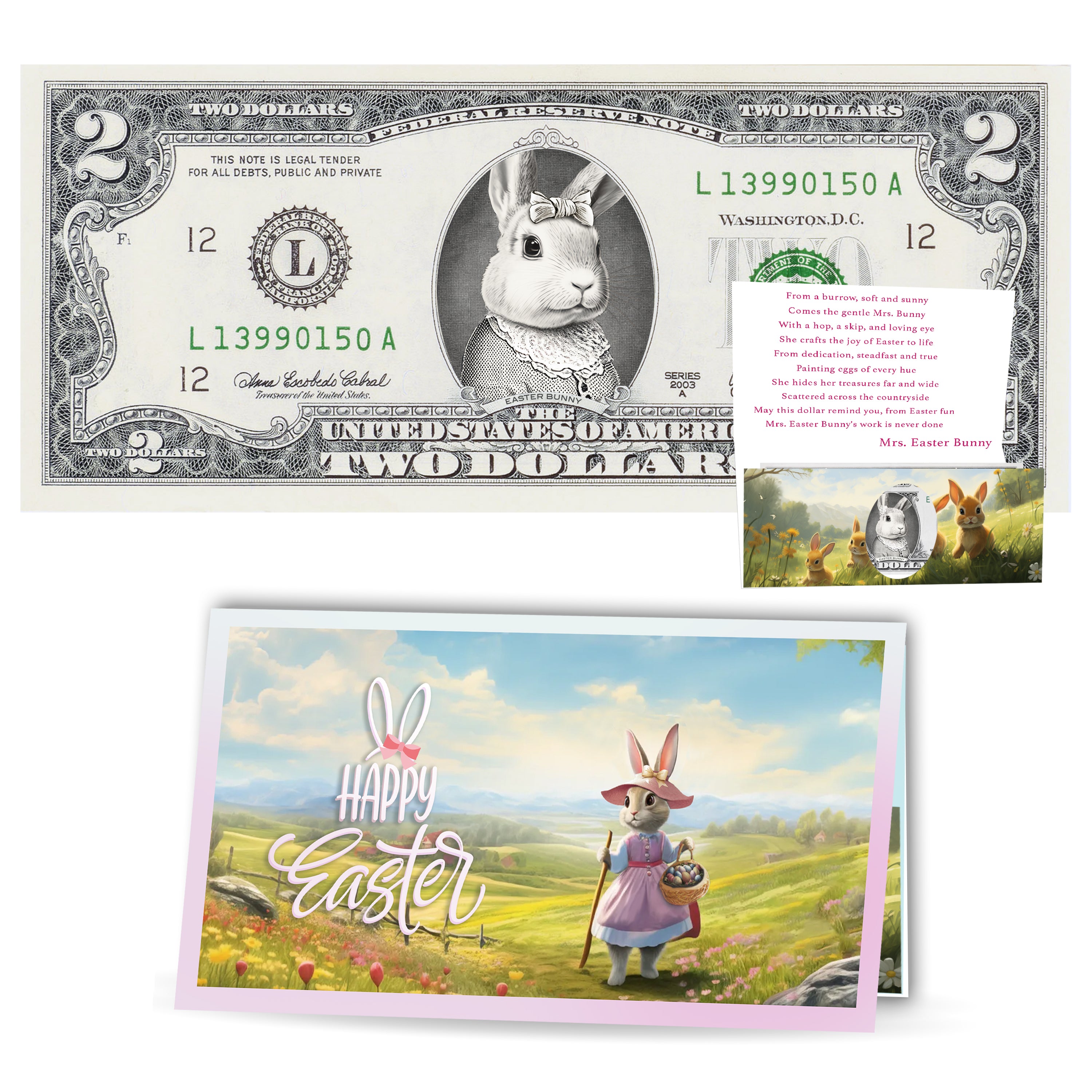 The Official Mrs Easter Bunny Dollar Bill. Real 2.0 USD. Each Bill Comes with an Easter Card and Currency Holder. Easter Basket Stuffer/Filler. Bunny Buck - Bunny Money