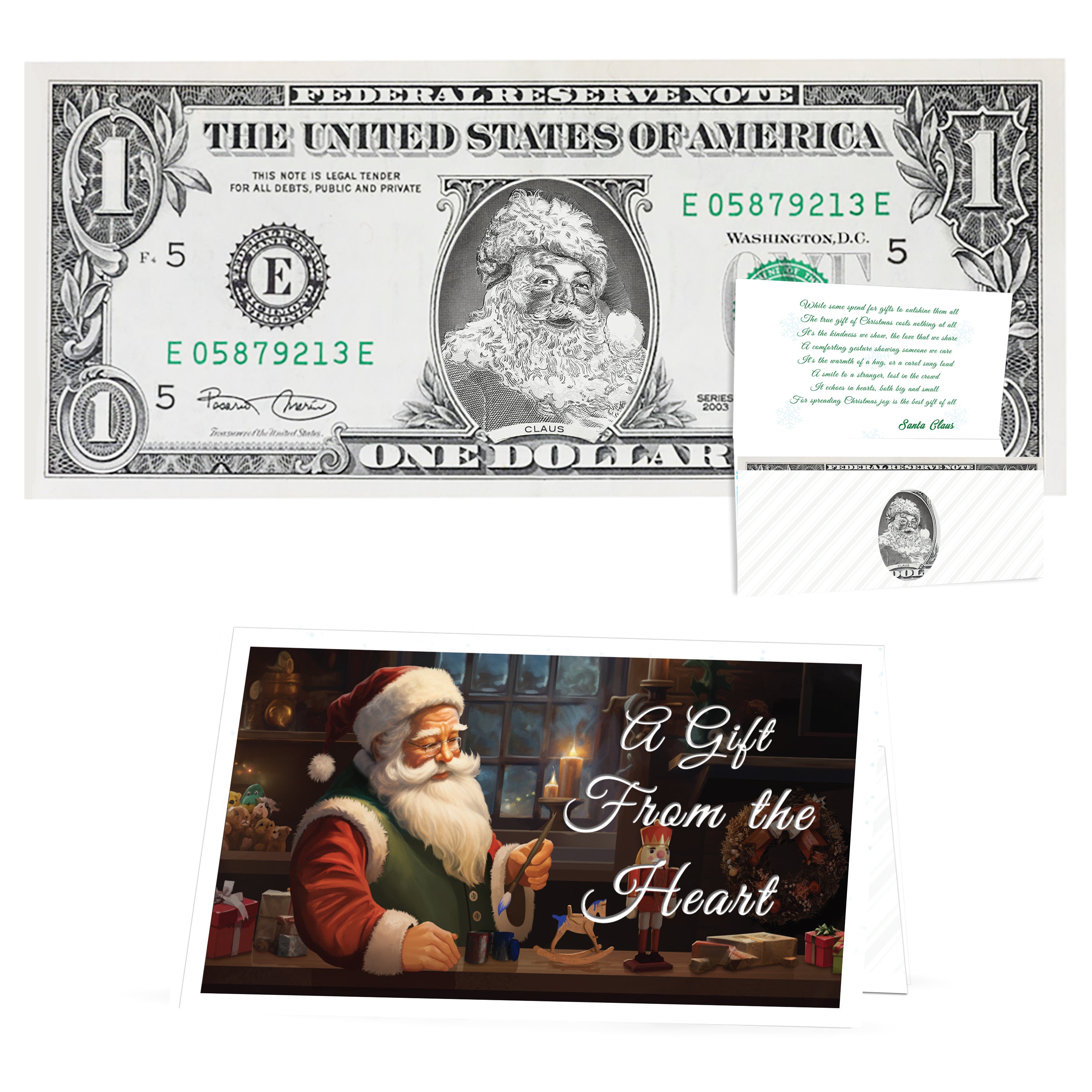 The Official Santa Claus Dollar Bill. Perfect Stocking Stuffer. Complete Gift Christmas Gift Package with Holiday Greeting Card. Affordable Christmas Gift