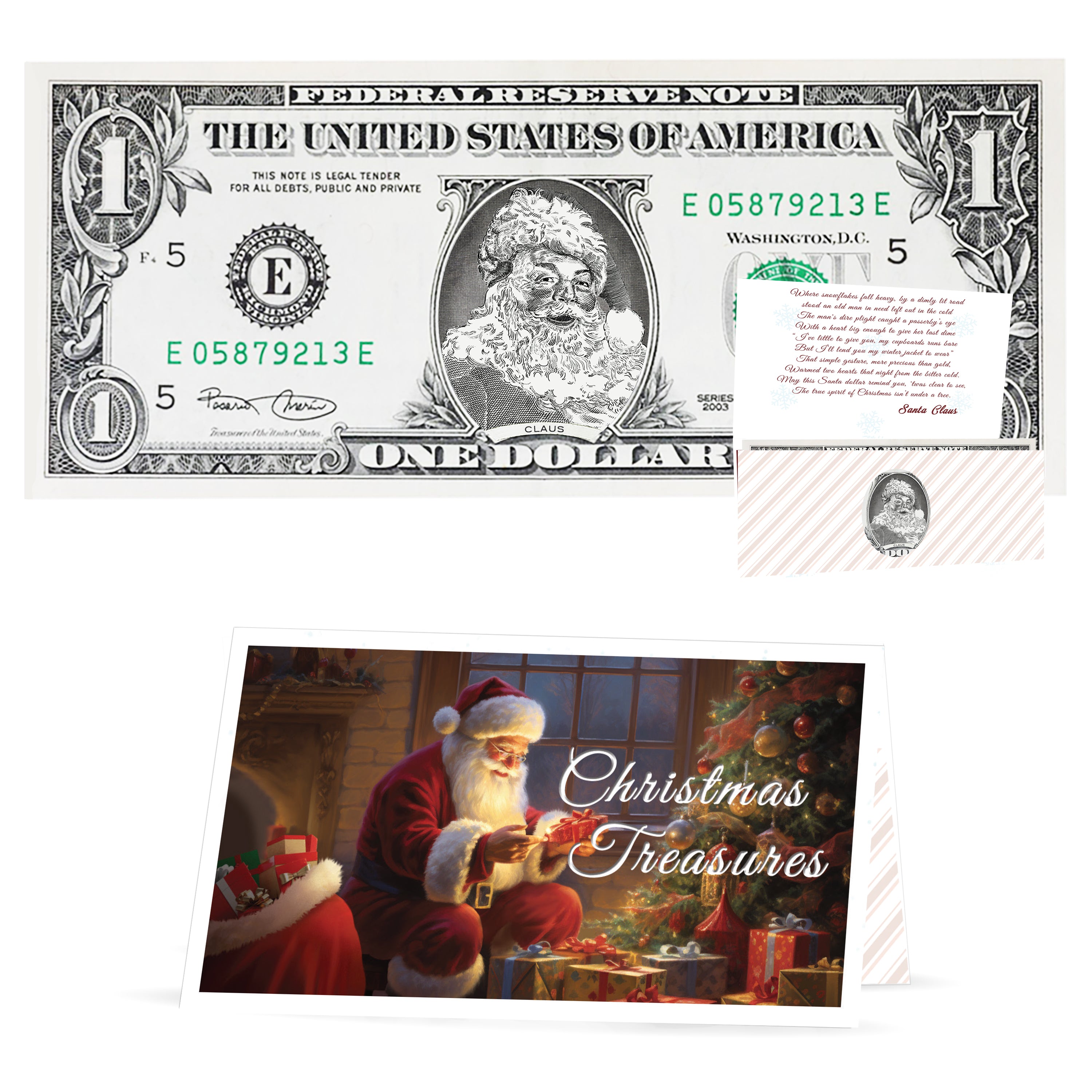 The Official Santa Claus Dollar Bill. Perfect Stocking Stuffer. Complete Gift Christmas Gift Package with Holiday Greeting Card. Affordable Christmas Gift