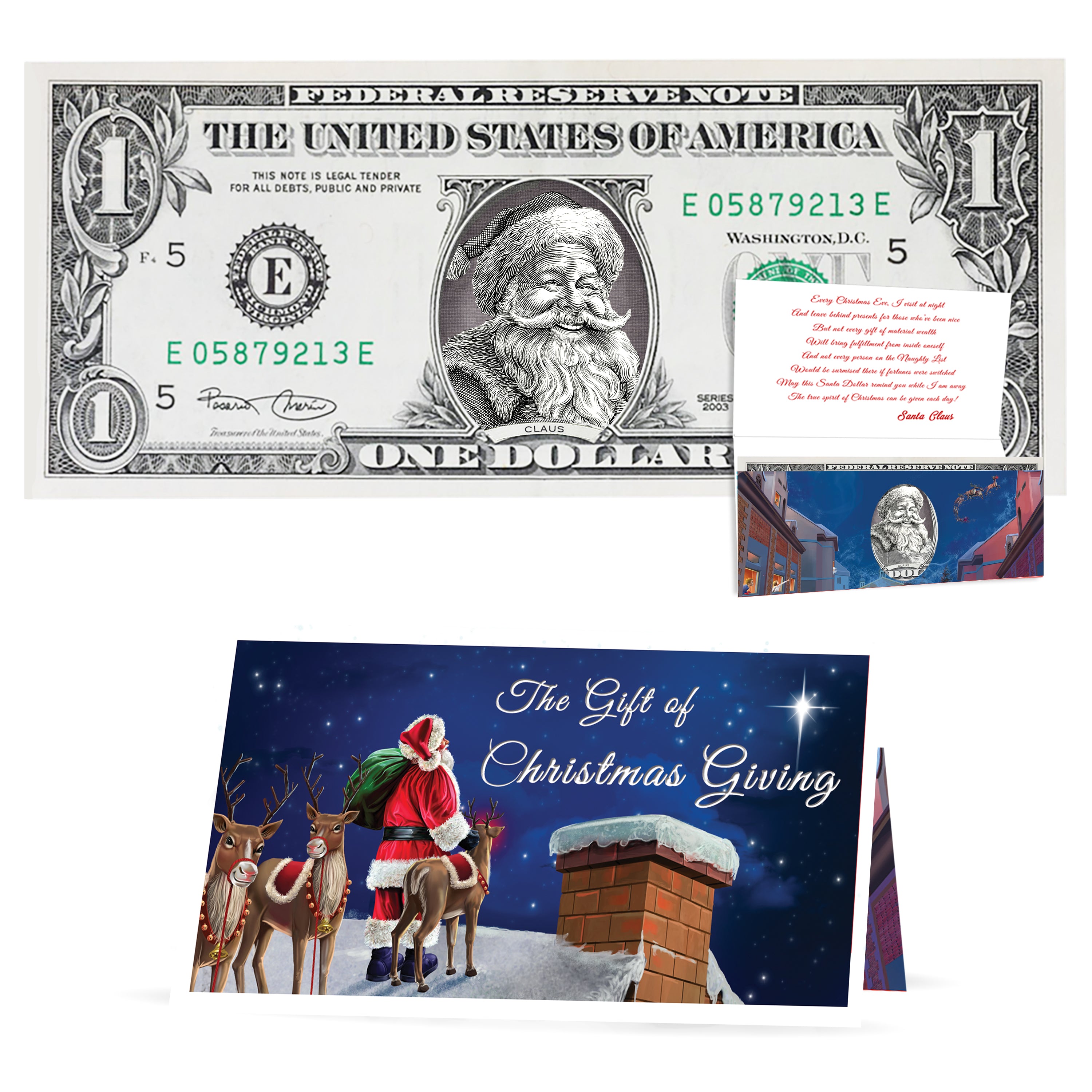 The Official Santa Claus Dollar Bill. "Jolly Old Santa" Version. Perfect Stocking Stuffer. Complete Gift Christmas Gift Package with Holiday Greeting Card. Affordable Christmas Gift