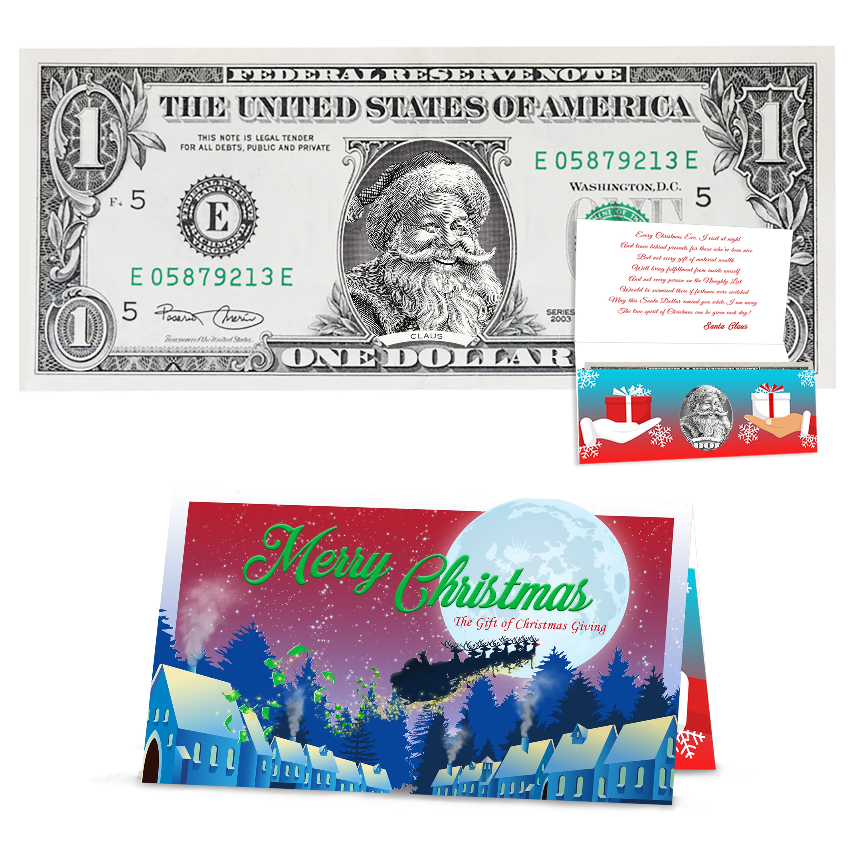 The Official Santa Claus Dollar Bill. "Jolly Old Santa" Version. Perfect Stocking Stuffer. Complete Gift Christmas Gift Package with Holiday Greeting Card. Affordable Christmas Gift