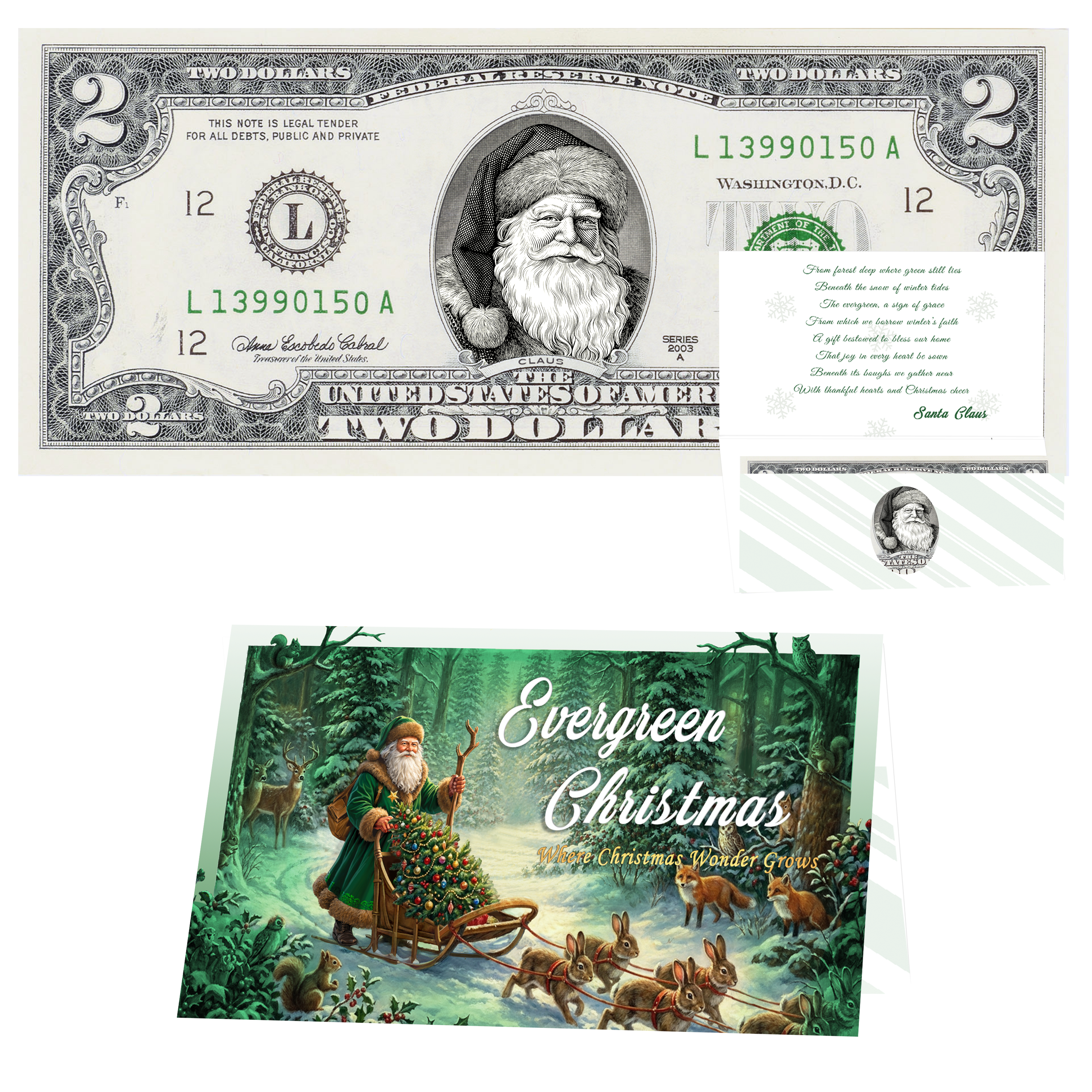 Santa Dollar Bill - Father Christmas Edition - Collectible 2 Dollar Bill – Colorized Genuine U.S. Currency