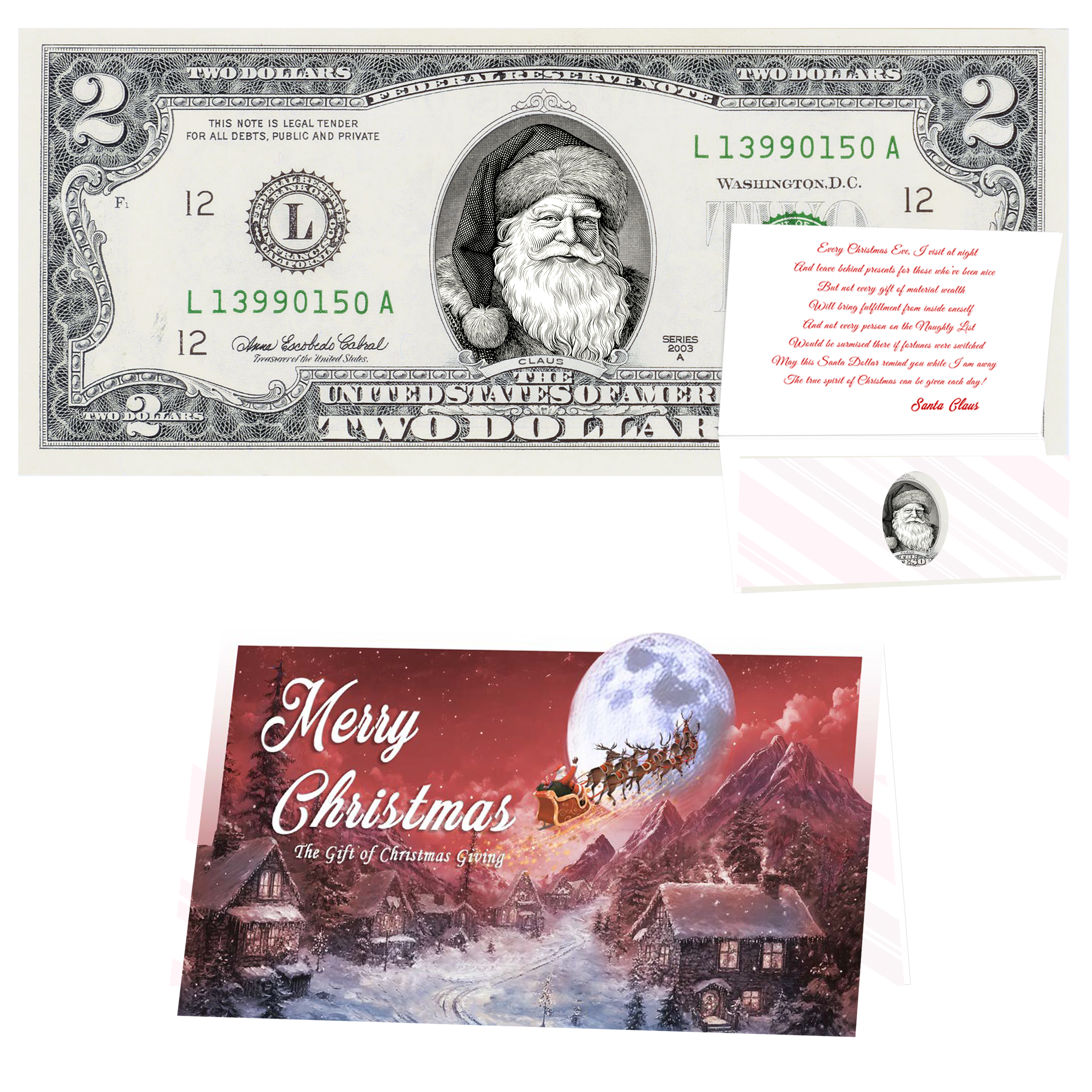 Santa Dollar Bill - Father Christmas Edition - Collectible 2 Dollar Bill – Colorized Genuine U.S. Currency