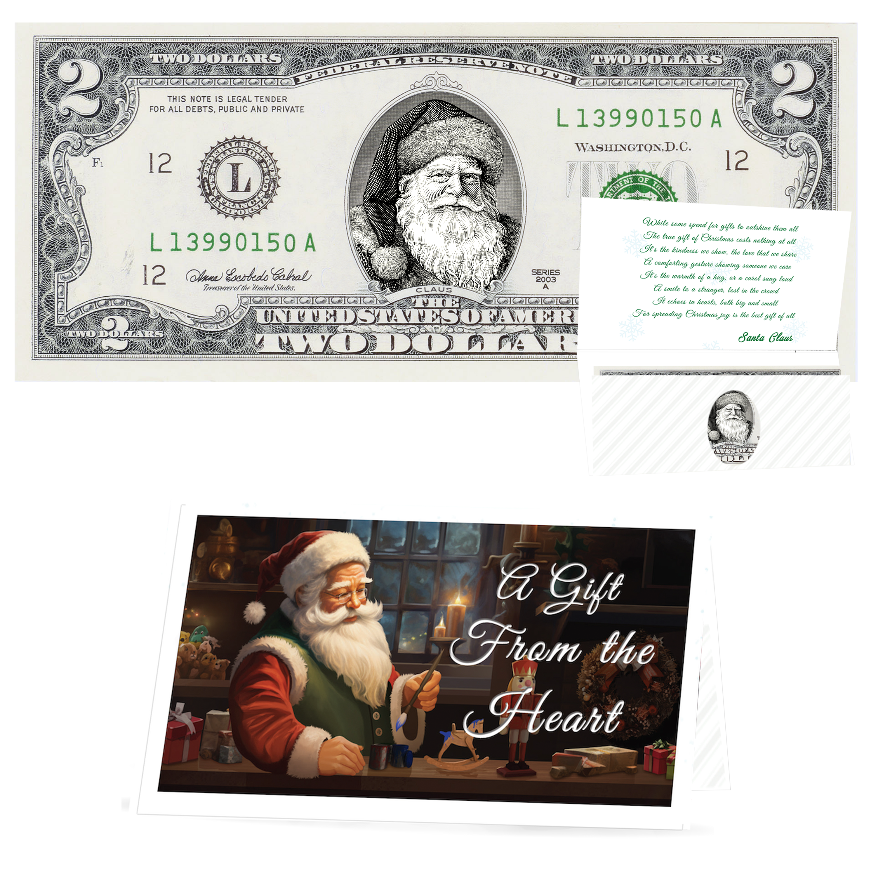 Santa Dollar Bill - Father Christmas Edition - Collectible 2 Dollar Bill – Colorized Genuine U.S. Currency