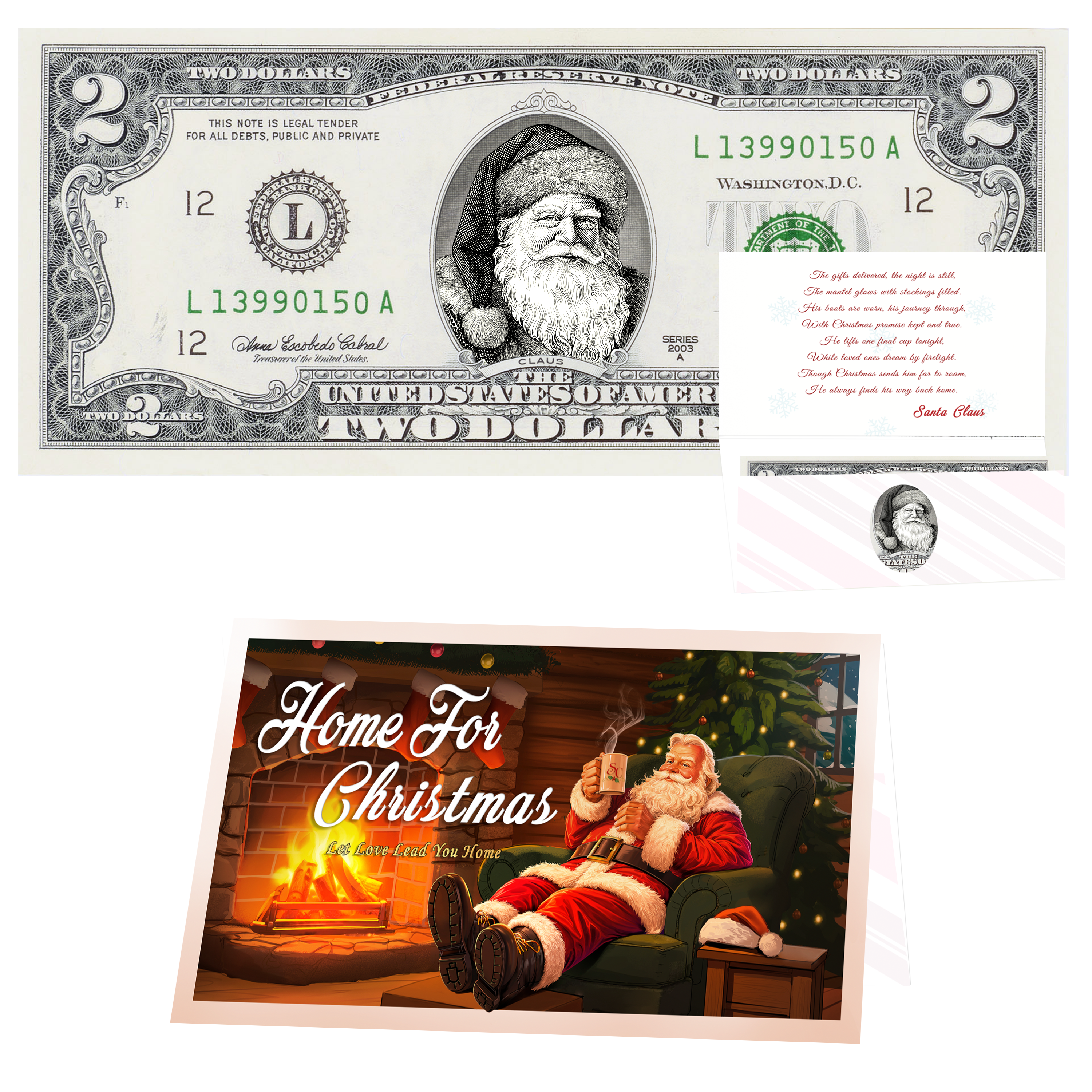 Santa Dollar Bill - Father Christmas Edition - Collectible 2 Dollar Bill – Colorized Genuine U.S. Currency