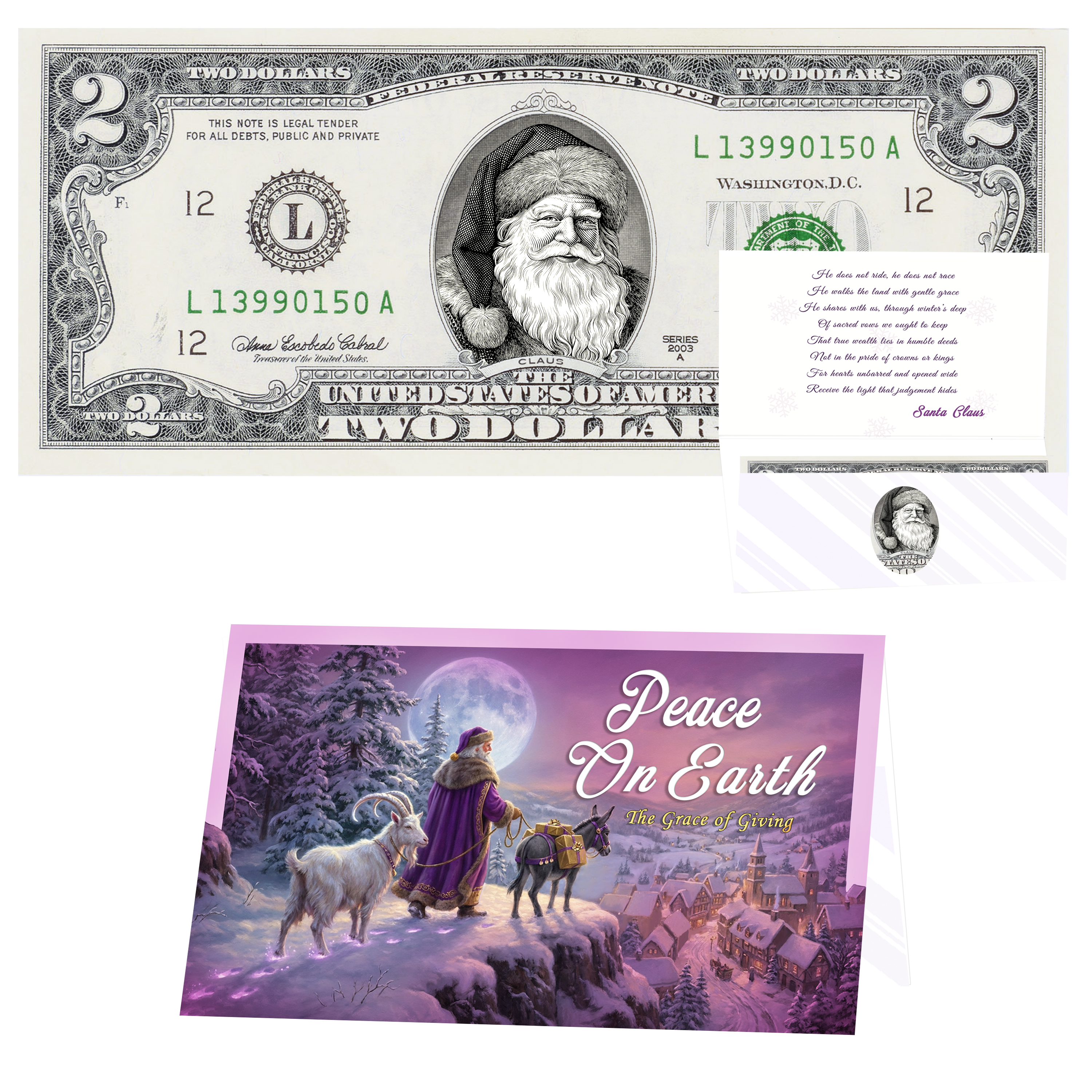 Santa Dollar Bill - Father Christmas Edition - Collectible 2 Dollar Bill – Colorized Genuine U.S. Currency