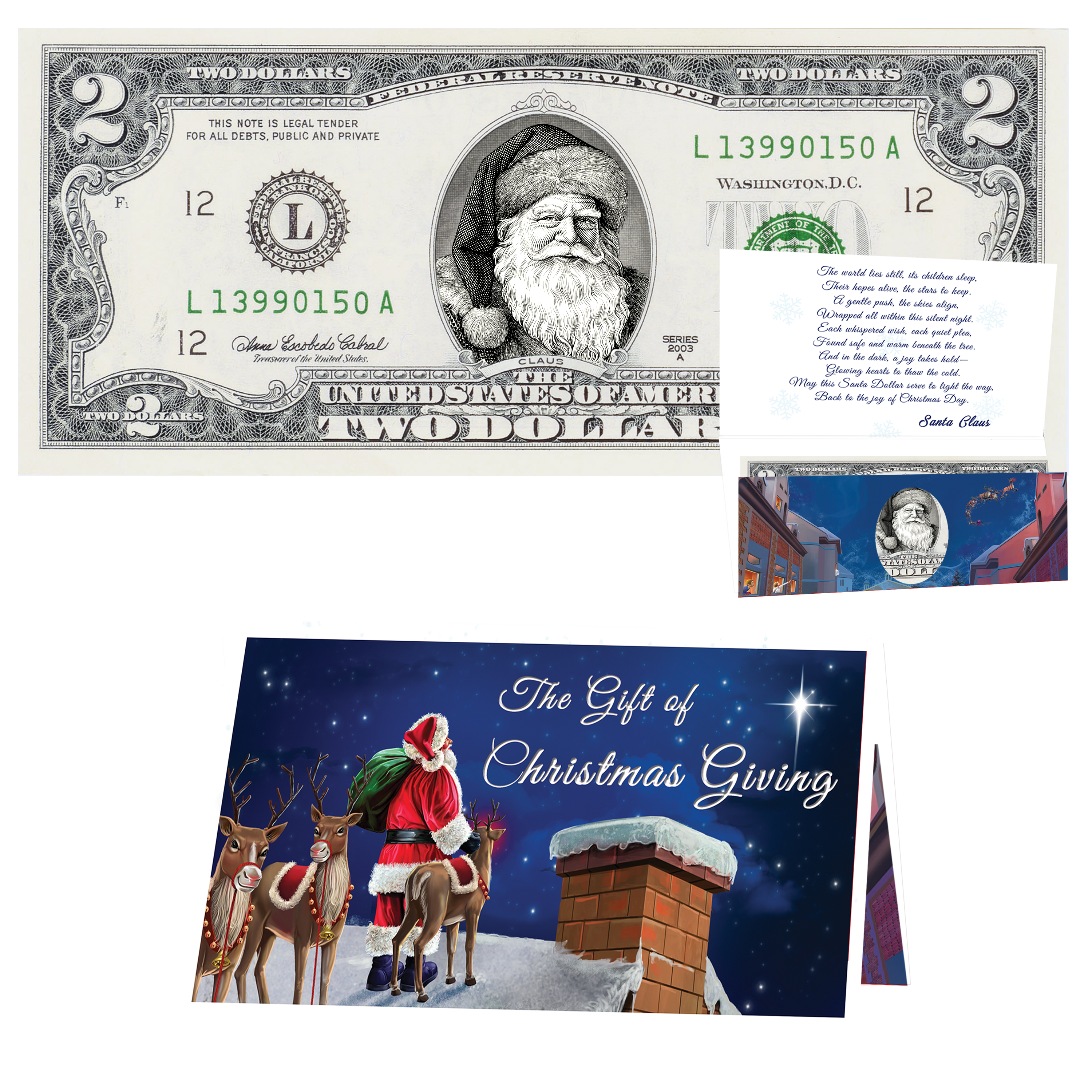 Santa Dollar Bill - Father Christmas Edition - Collectible 2 Dollar Bill – Colorized Genuine U.S. Currency