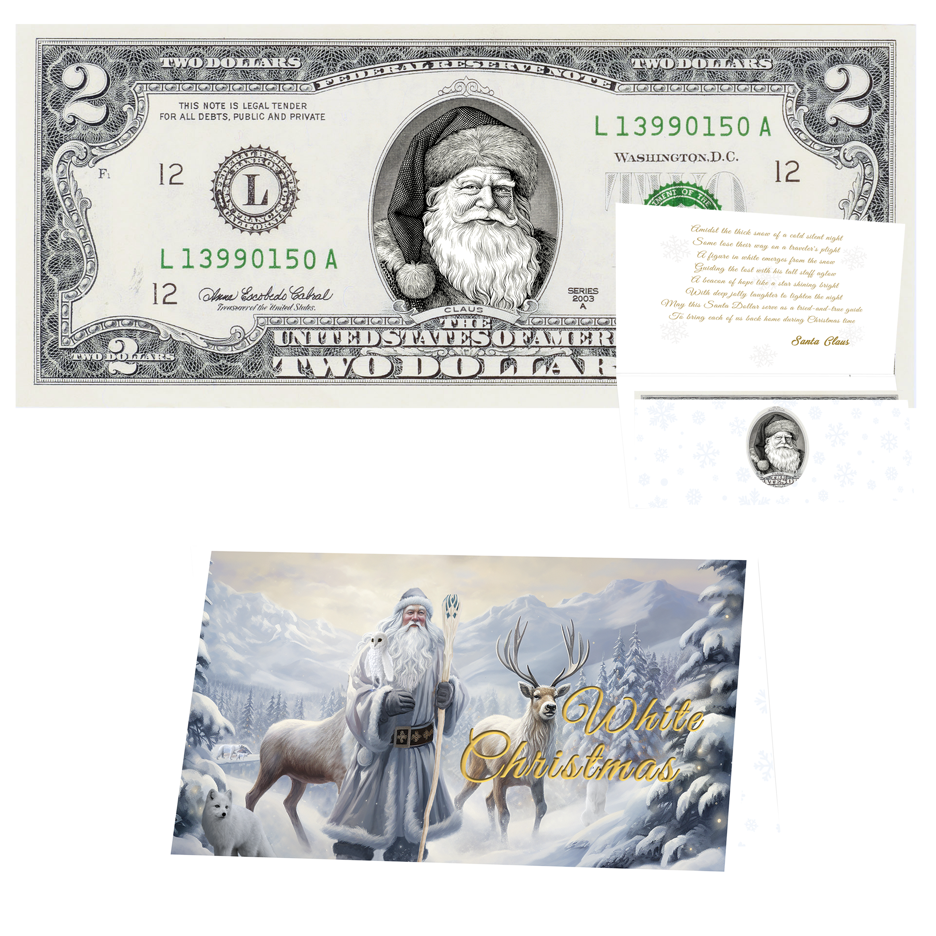 Santa Dollar Bill - Father Christmas Edition - Collectible 2 Dollar Bill – Colorized Genuine U.S. Currency