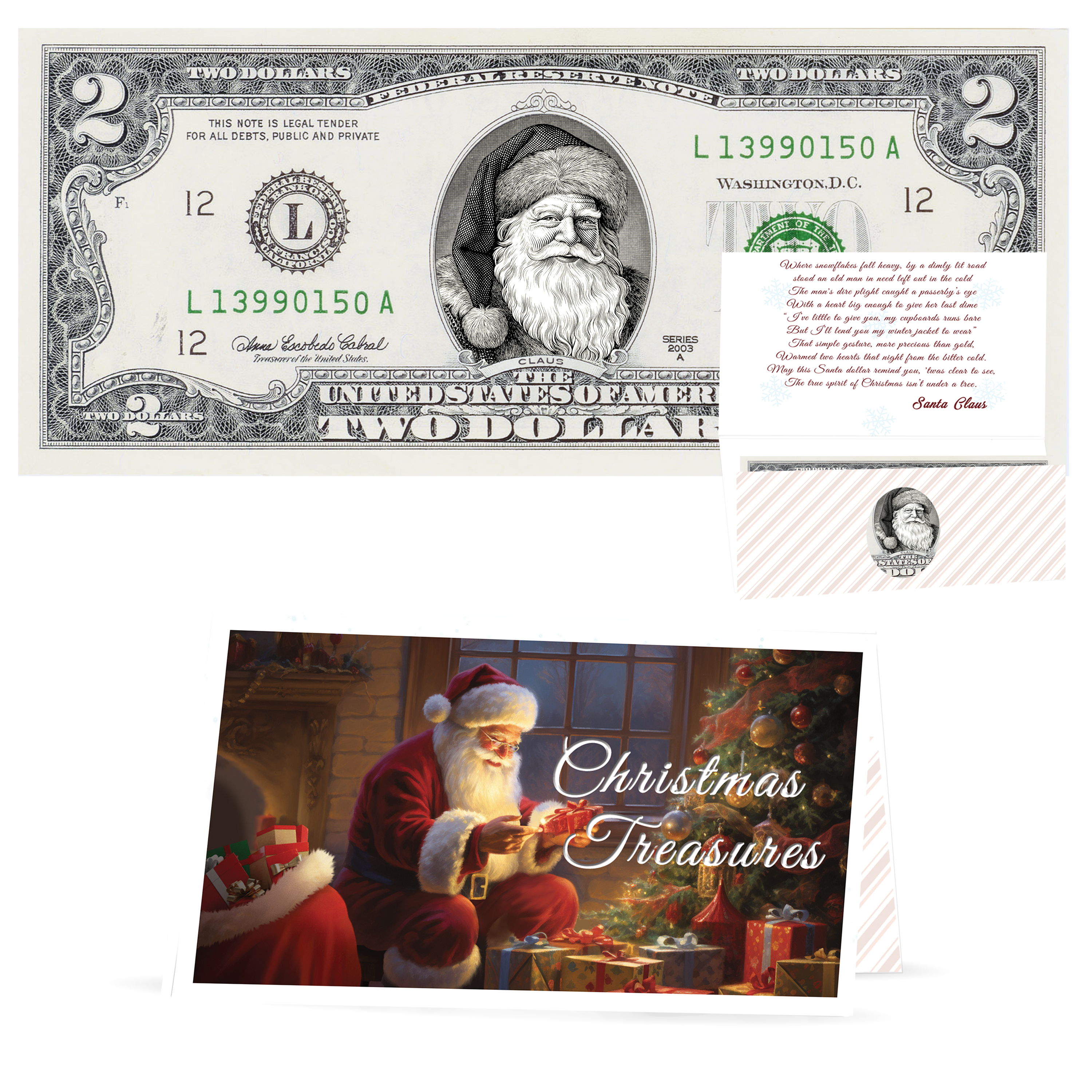 Santa Dollar Bill - Father Christmas Edition - Collectible 2 Dollar Bill – Colorized Genuine U.S. Currency