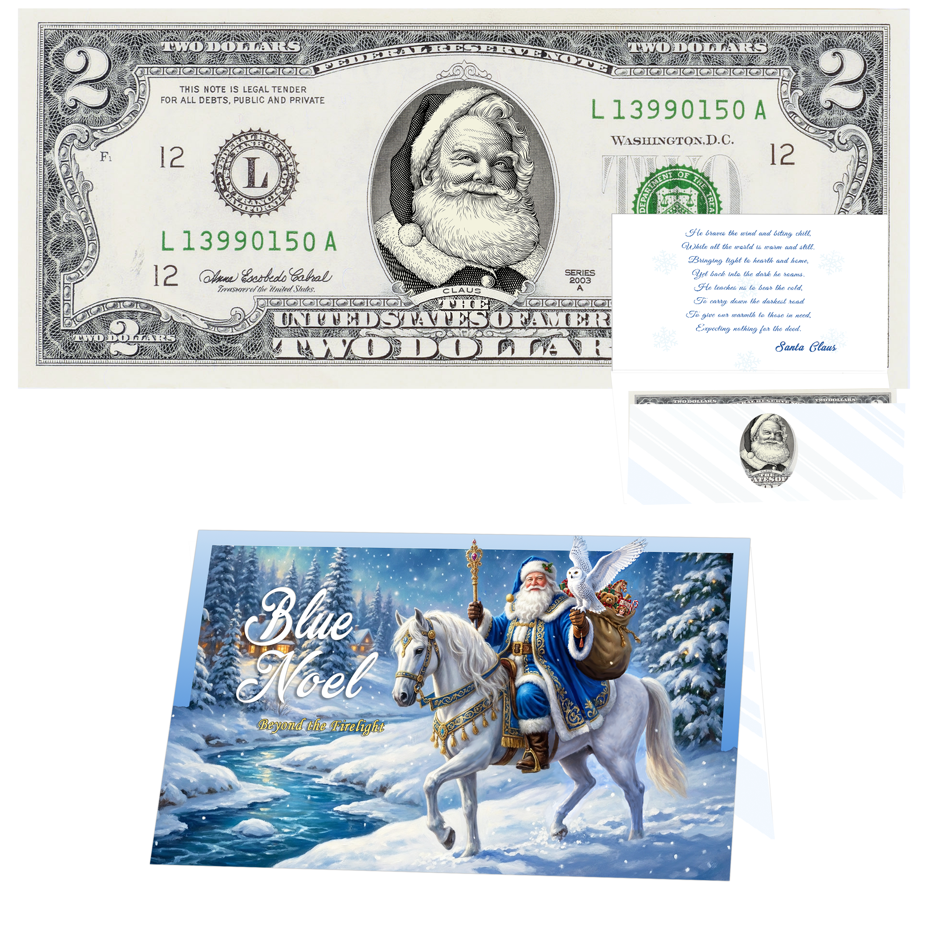 Santa Dollar Bill - Beard White as Snow Santa Collectible 2 Dollar Bill – Colorized Genuine U.S. Currency with Home for Christmas Card