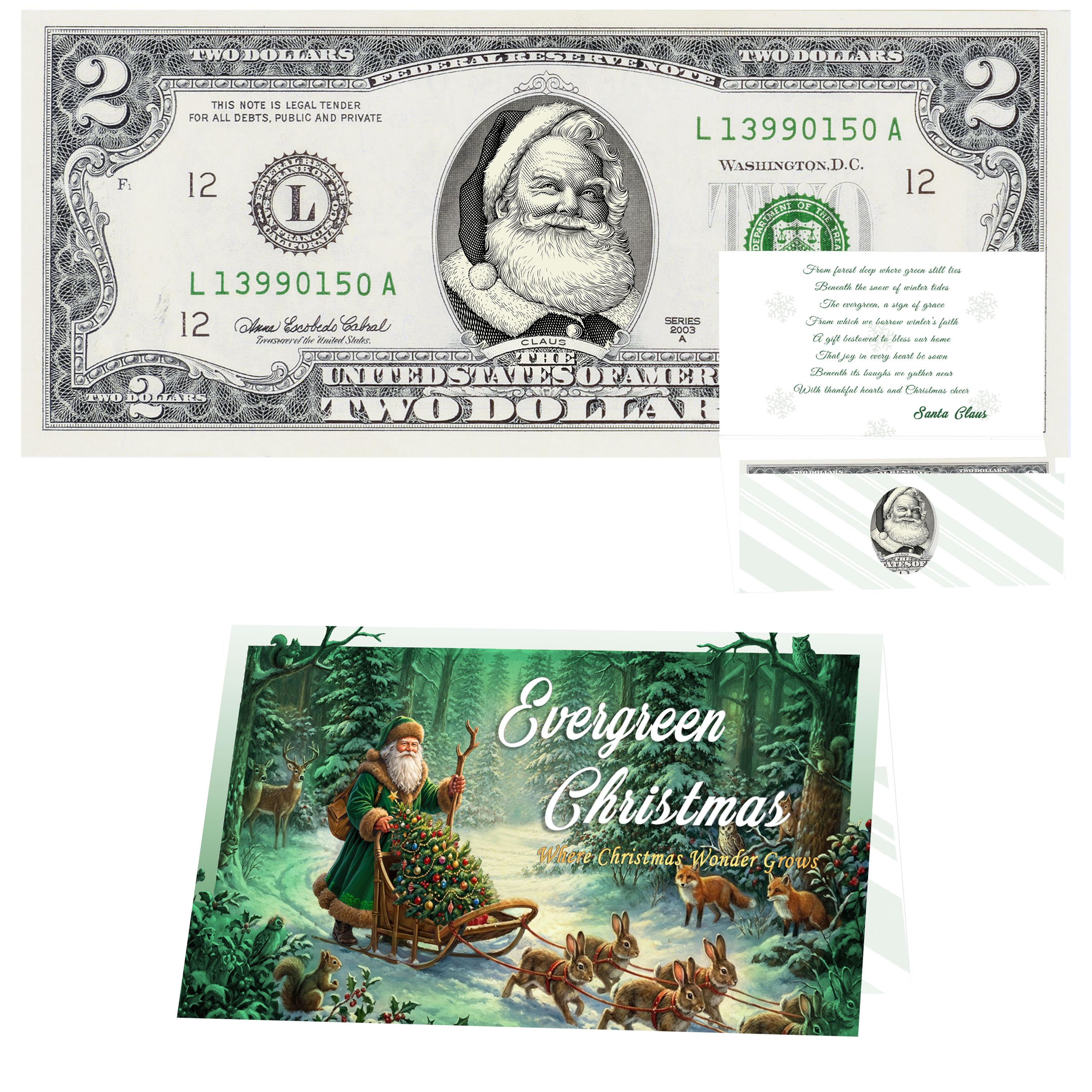 Santa Dollar Bill - Beard White as Snow Santa Collectible 2 Dollar Bill – Colorized Genuine U.S. Currency with Home for Christmas Card
