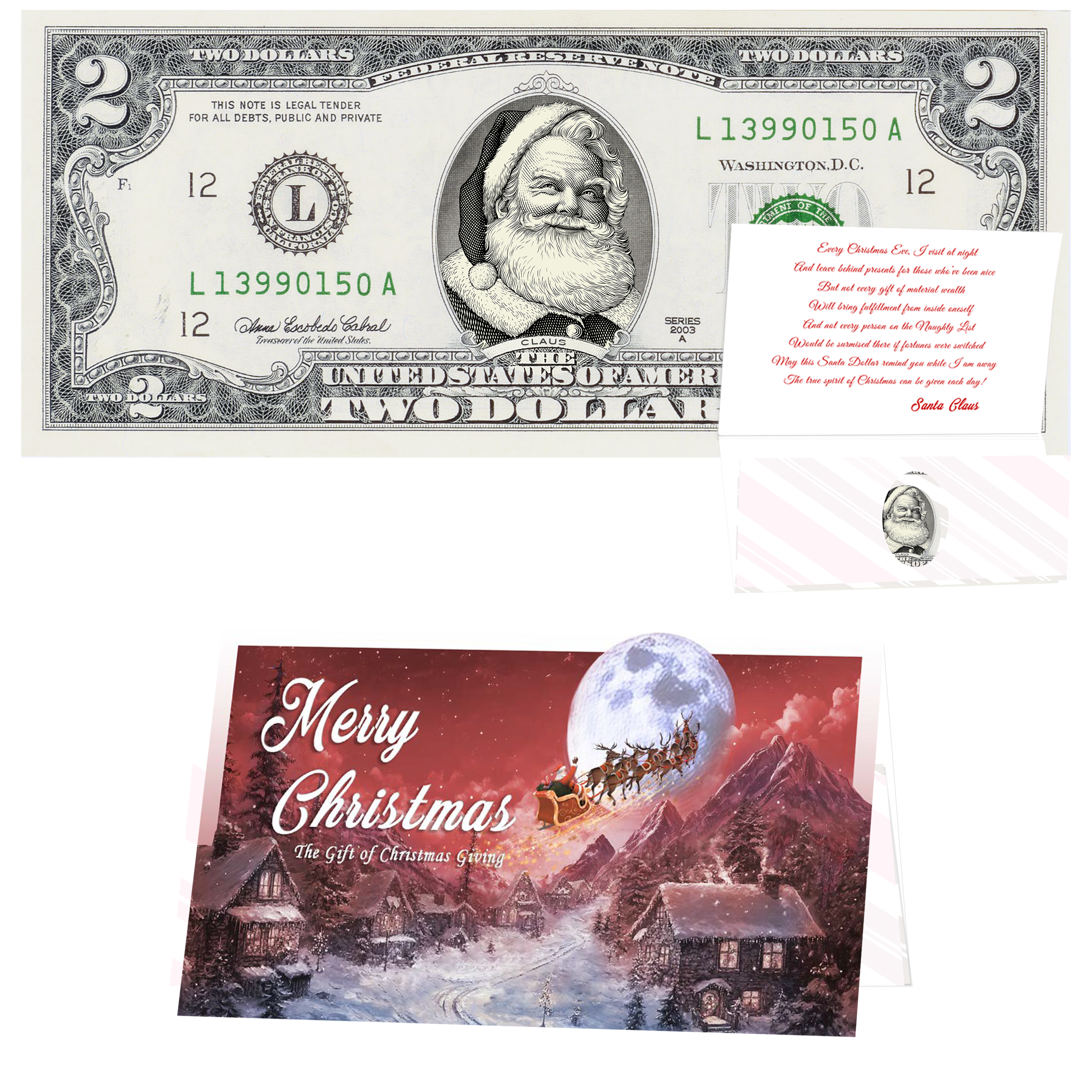 Santa Dollar Bill - Beard White as Snow Santa Collectible 2 Dollar Bill – Colorized Genuine U.S. Currency with Home for Christmas Card
