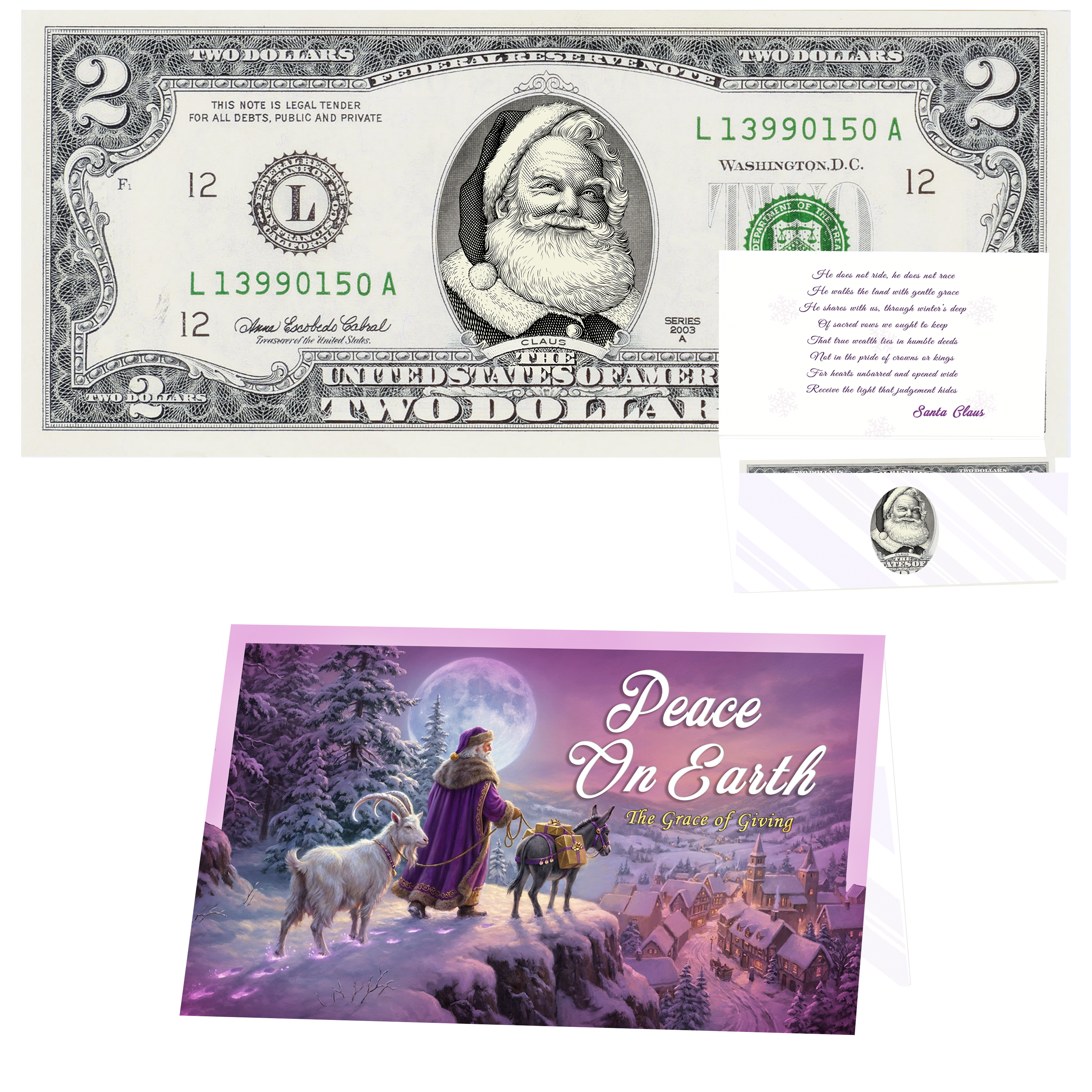 Santa Dollar Bill - Beard White as Snow Santa Collectible 2 Dollar Bill – Colorized Genuine U.S. Currency with Home for Christmas Card