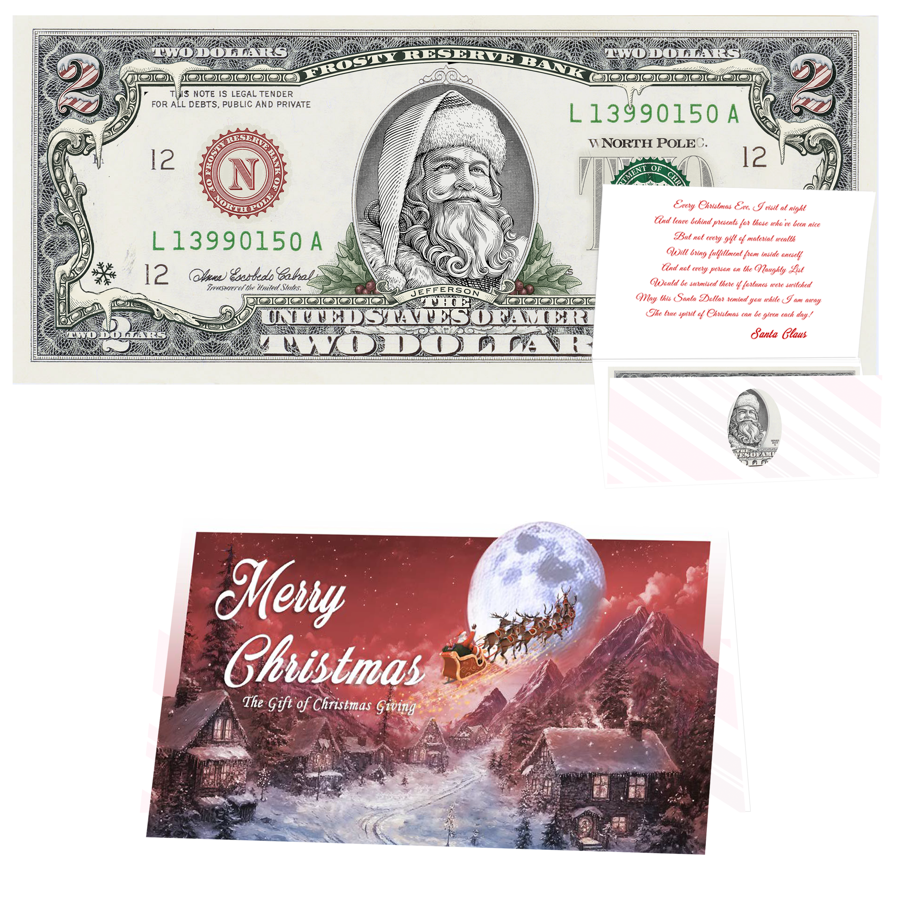 Santa the White $2 Santa Dollar – Premium Garland Edition with Choice of Christmas Card