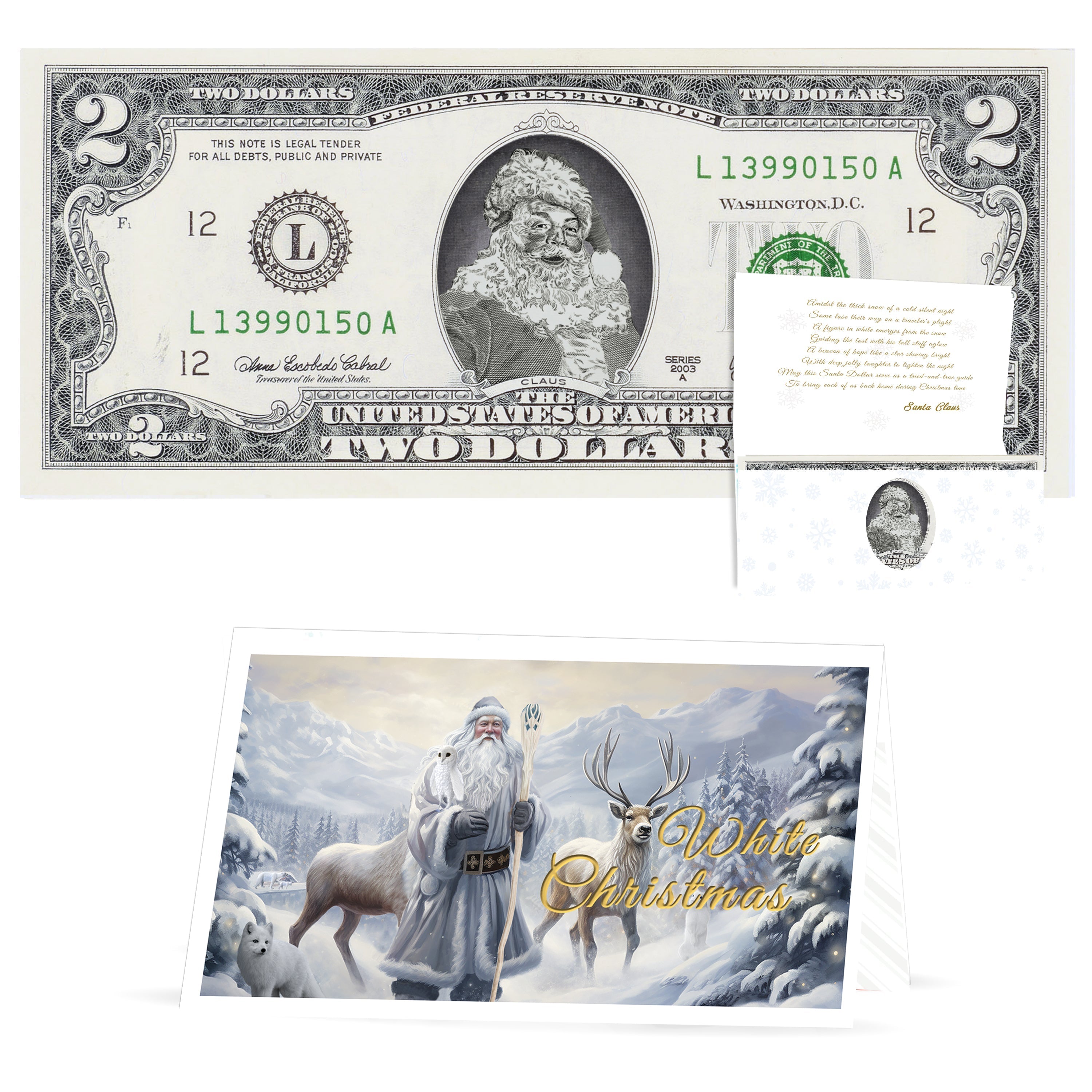 Official Santa Claus $2 Bill. Santa Rosy Red Cheeks Version. Real USD. Bankable & Spendable. The Gift of Christmas Giving