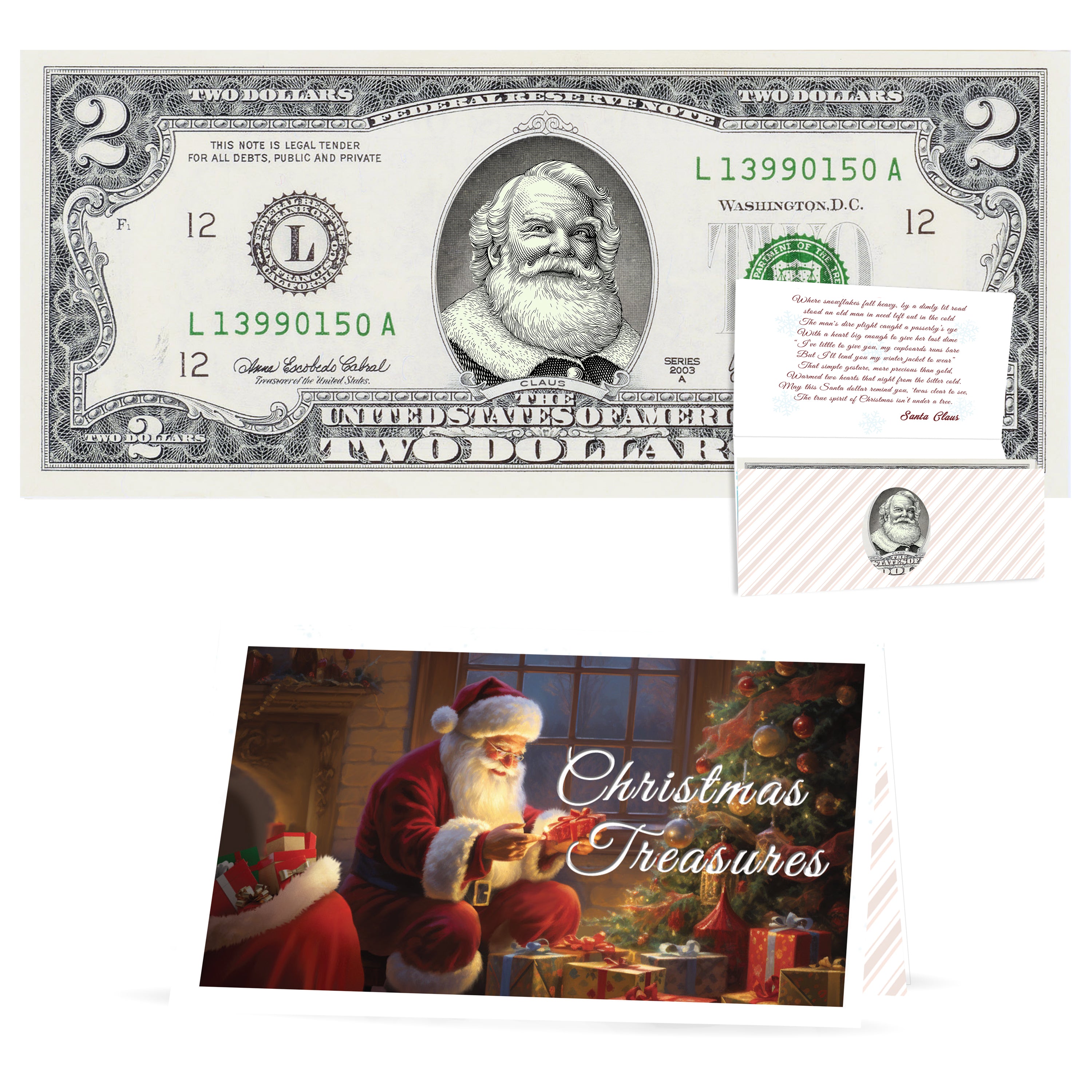 Official Santa Claus $2 Bill. Santa the White Version. Real USD. Bankable & Spendable. The Gift of Christmas Giving