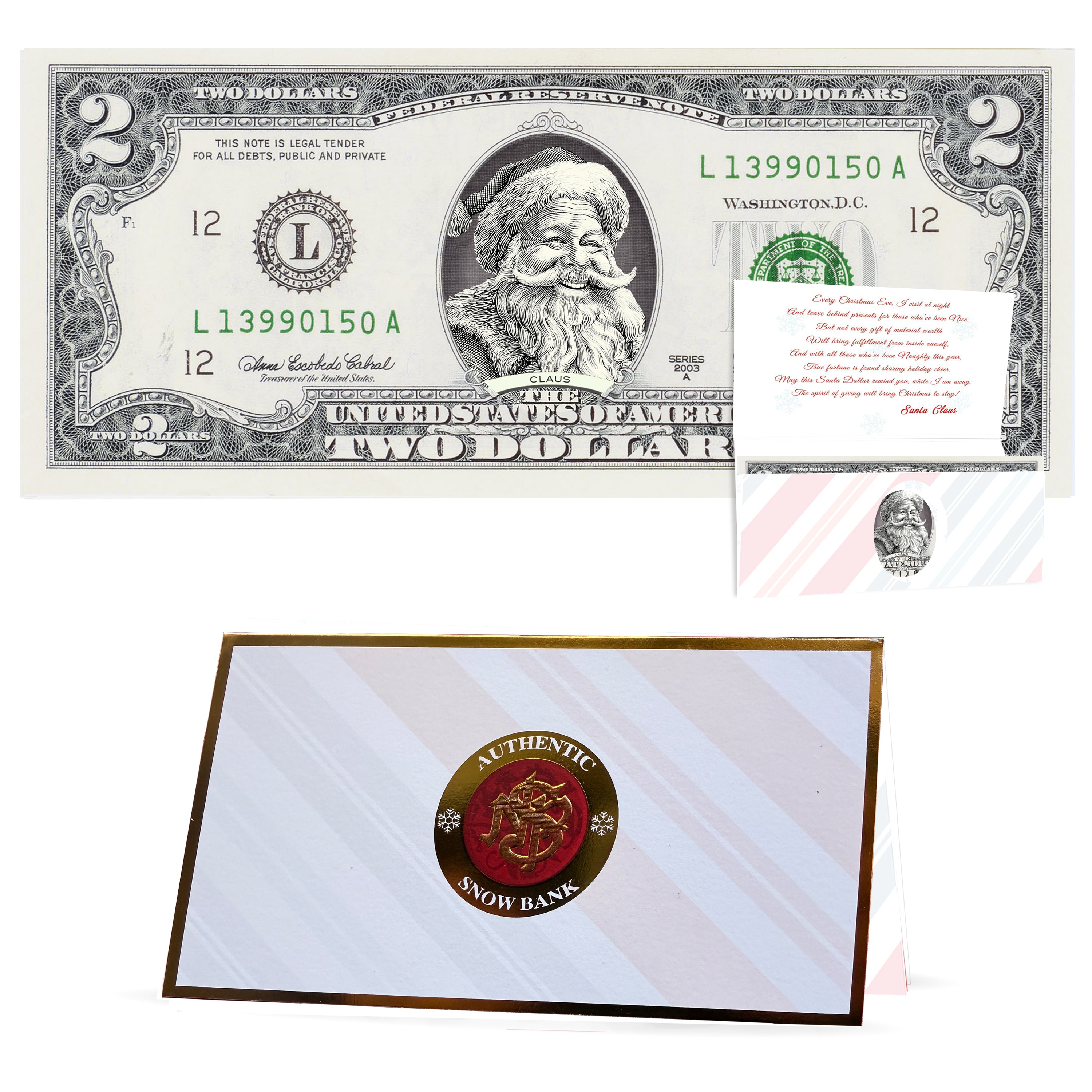 Official Santa Claus $2 Bill. Santa Rosy Red Cheeks Version. Real USD. Bankable & Spendable. The Gift of Christmas Giving
