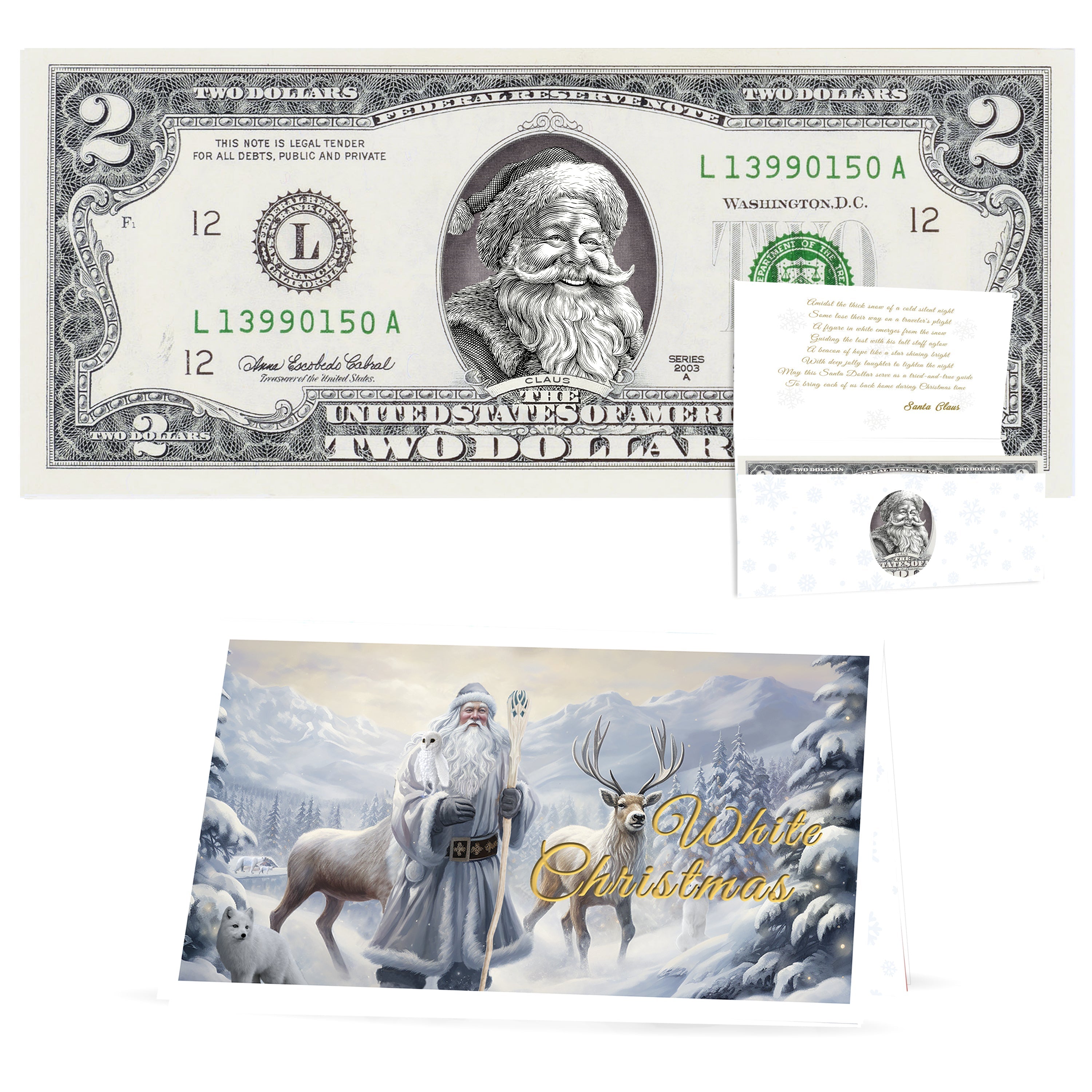 Official Santa Claus $2 Bill. Santa Rosy Red Cheeks Version. Real USD. Bankable & Spendable. The Gift of Christmas Giving