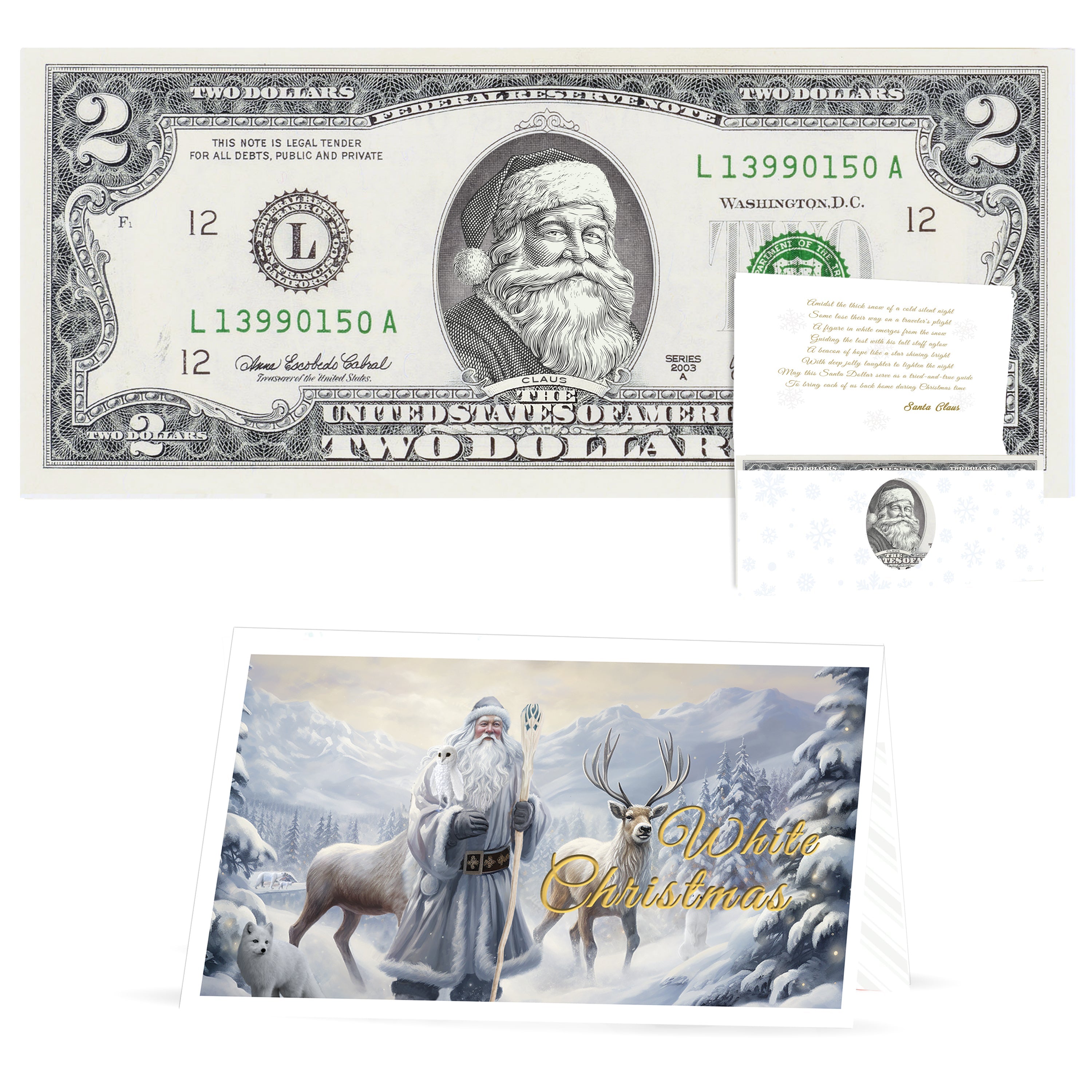 Official Santa Claus $2 Bill. Santa With Twinkle in His Eyes Version. Real USD. Bankable & Spendable. The Gift of Christmas Giving