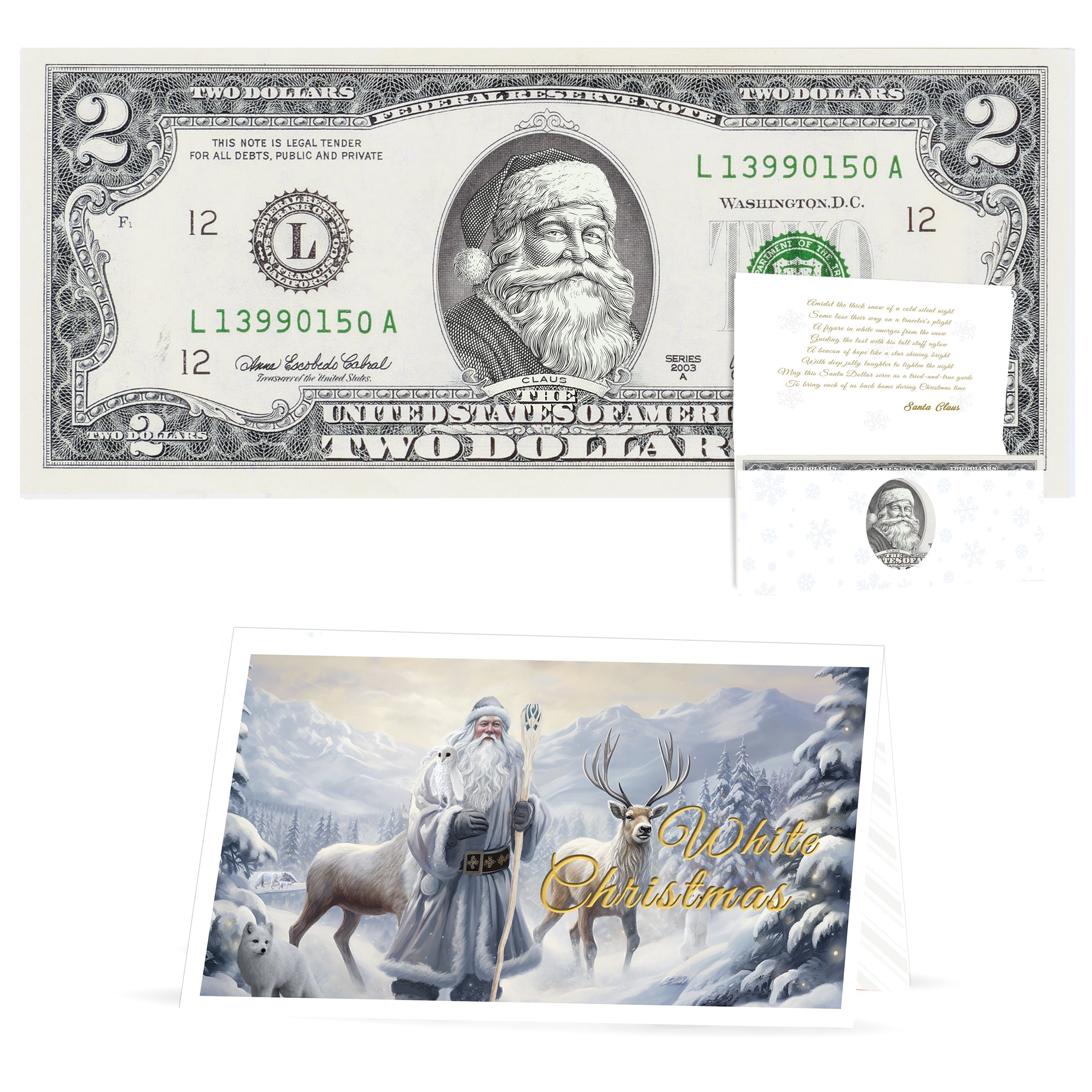 Official Santa Claus $2 Bill. Santa Rosy Red Cheeks Version. Real USD. Bankable & Spendable. The Gift of Christmas Giving